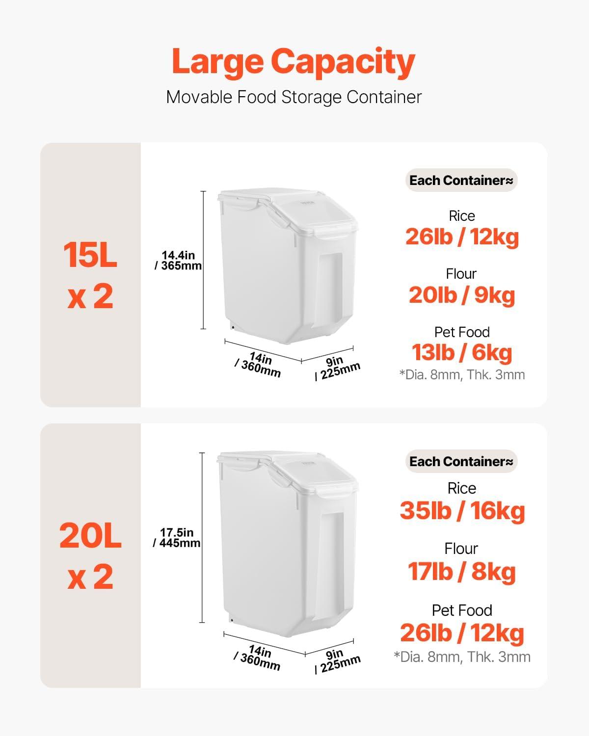 image:imageVEVOR Rice Storage Container 45Gallon20L x2 Capacity Large Dog Food Dispenser Bin Kitchen Ingredient Grain Cereal Flour Bin Pet food Containers with Wheels 2 Measuring Cups Airtight Lid 2 Pack45 Gallon235Gallon2