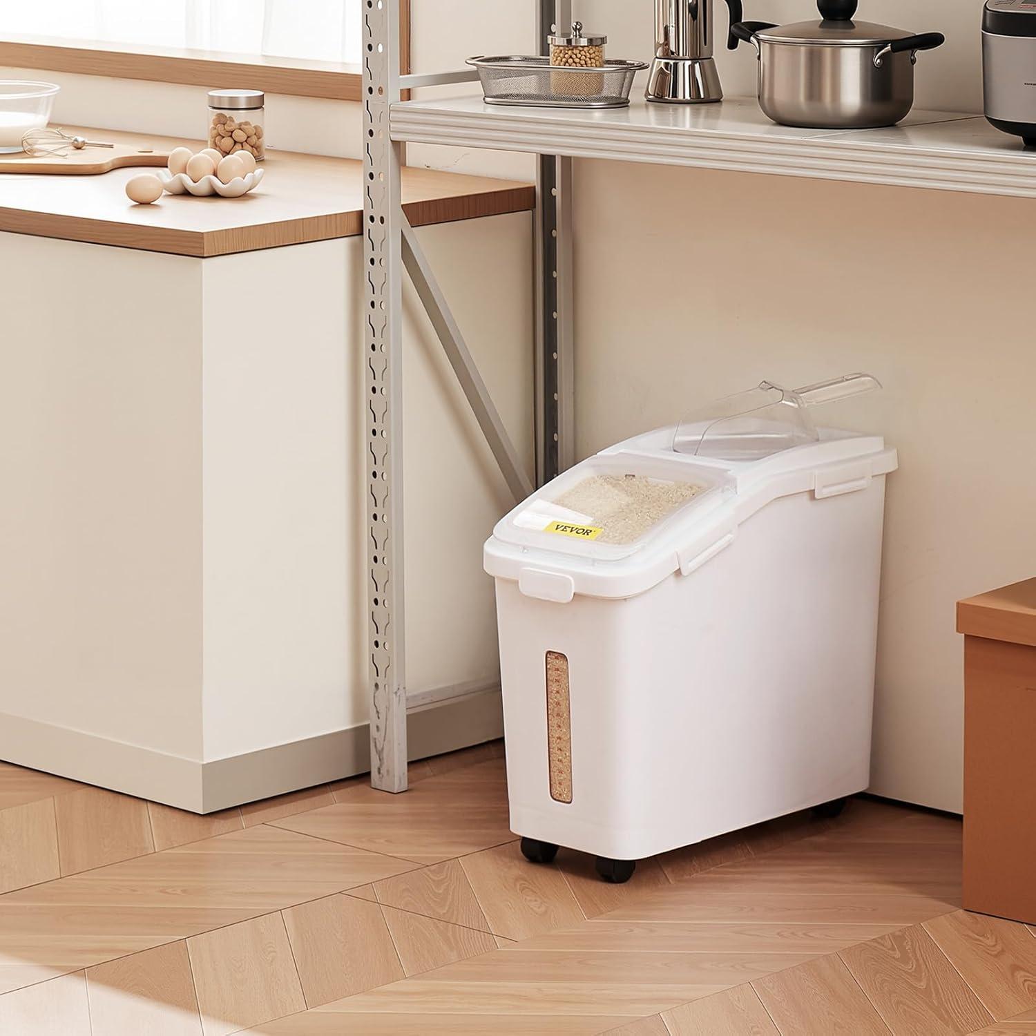 image:imageVEVOR Rice Storage Container 45Gallon20L x2 Capacity Large Dog Food Dispenser Bin Kitchen Ingredient Grain Cereal Flour Bin Pet food Containers with Wheels 2 Measuring Cups Airtight Lid 2 Pack114 Gallon