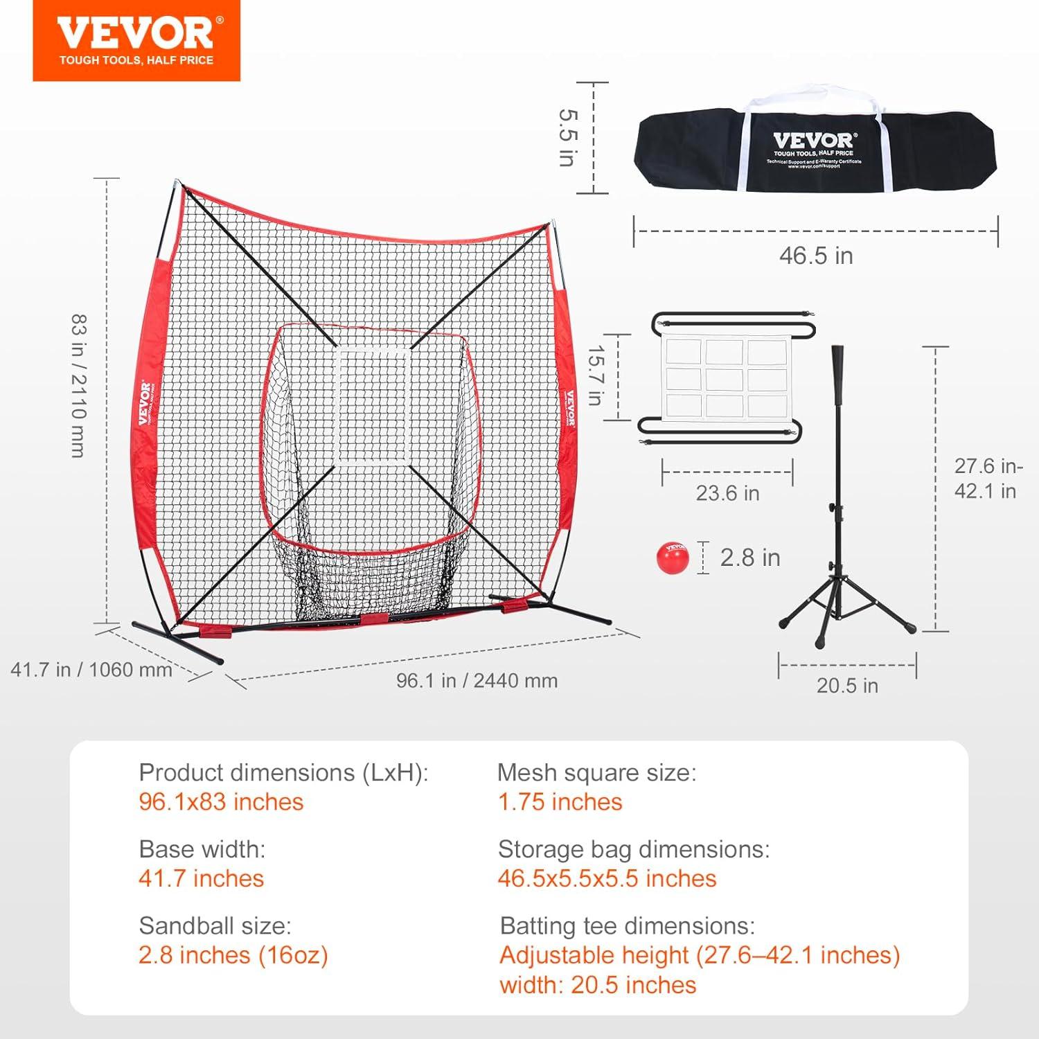image:imageVEVOR Softball Practice Net Portable Baseball Training Net for Hitting Batting Catching Pitching Backstop Equipment with Bow Frame Carry Bag Strike Zone Batting Tee7X7FT Set 1