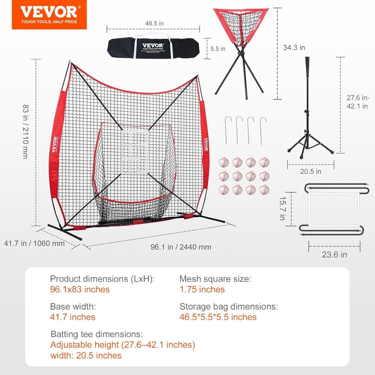 image:imageVEVOR Softball Practice Net Portable Baseball Training Net for Hitting Batting Catching Pitching Backstop Equipment with Bow Frame Carry Bag Strike Zone Batting Tee7X7FT Set 3