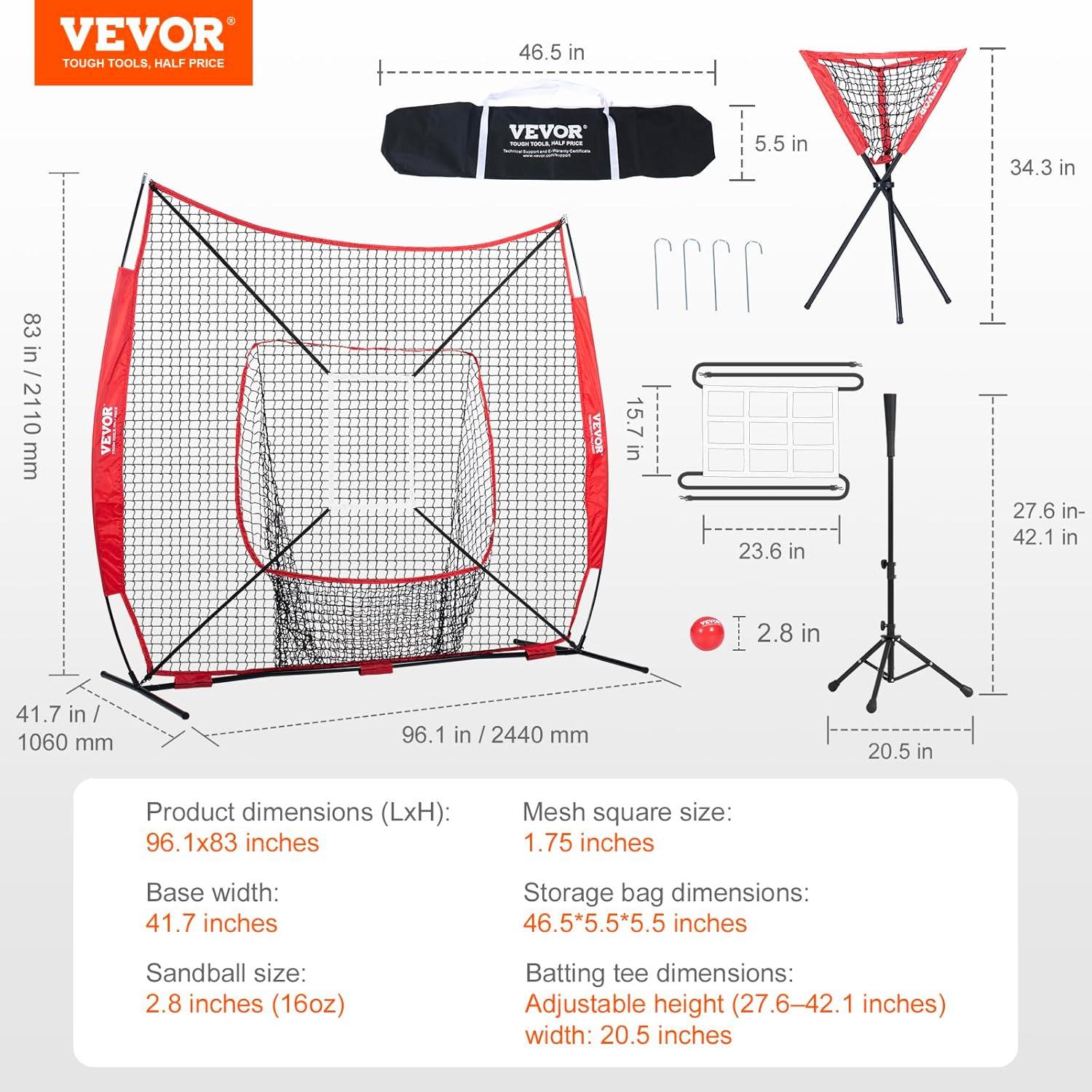 image:imageVEVOR Softball Practice Net Portable Baseball Training Net for Hitting Batting Catching Pitching Backstop Equipment with Bow Frame Carry Bag Strike Zone Batting Tee7X7FT Set 2