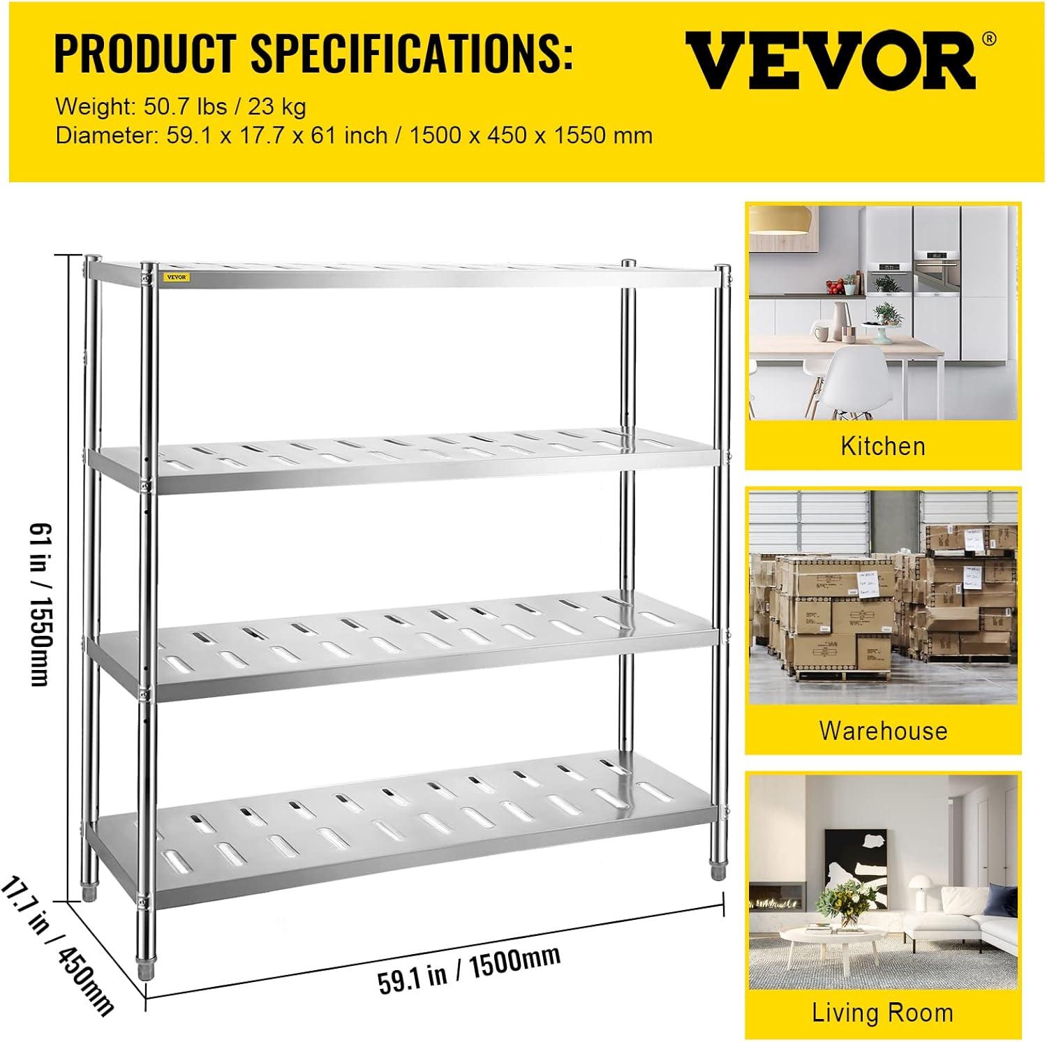 image:imageVEVOR Storage Shelf 5Tier Storage Shelving Unit Stainless Steel Garage Shelf Heavy Duty Storage Shelving 1650 Lbs Total Capacity with Adjustable Height4Tier 59x18x61