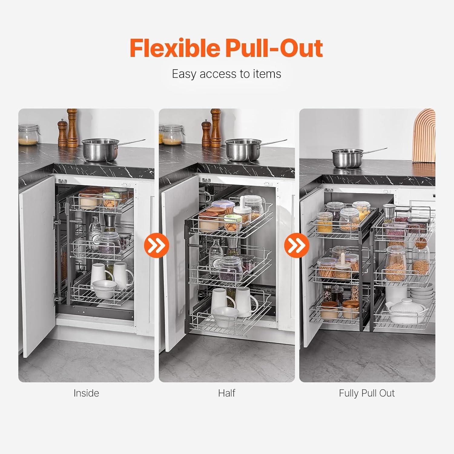 image:imageVEVOR Swing Left Blind Corner Cabinet Pull Out Organizer for 36 inch Width Blind Cabinet 2 Tier Height Adjustable Swing Tray Soft Close Kitchen Cloud Blind Organizer Left Open3 Tier