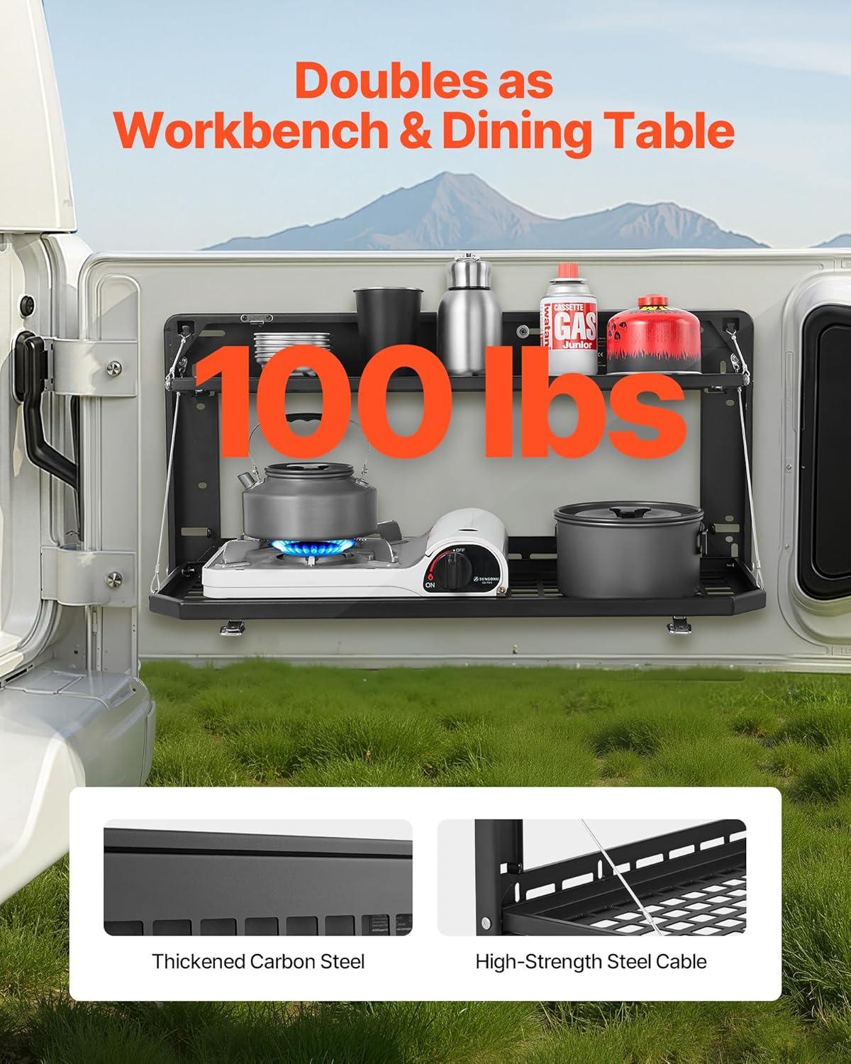 image:imageVEVOR Tailgate Table for 20072024 Jeep Wrangler JL 100 lbs Carbon Steel Foldable Molle Panel DoubleLayer Drop Down Table Rear Cargo Storage Rack Shelf Luggage Holder Carrier CampingJeep JL20072024