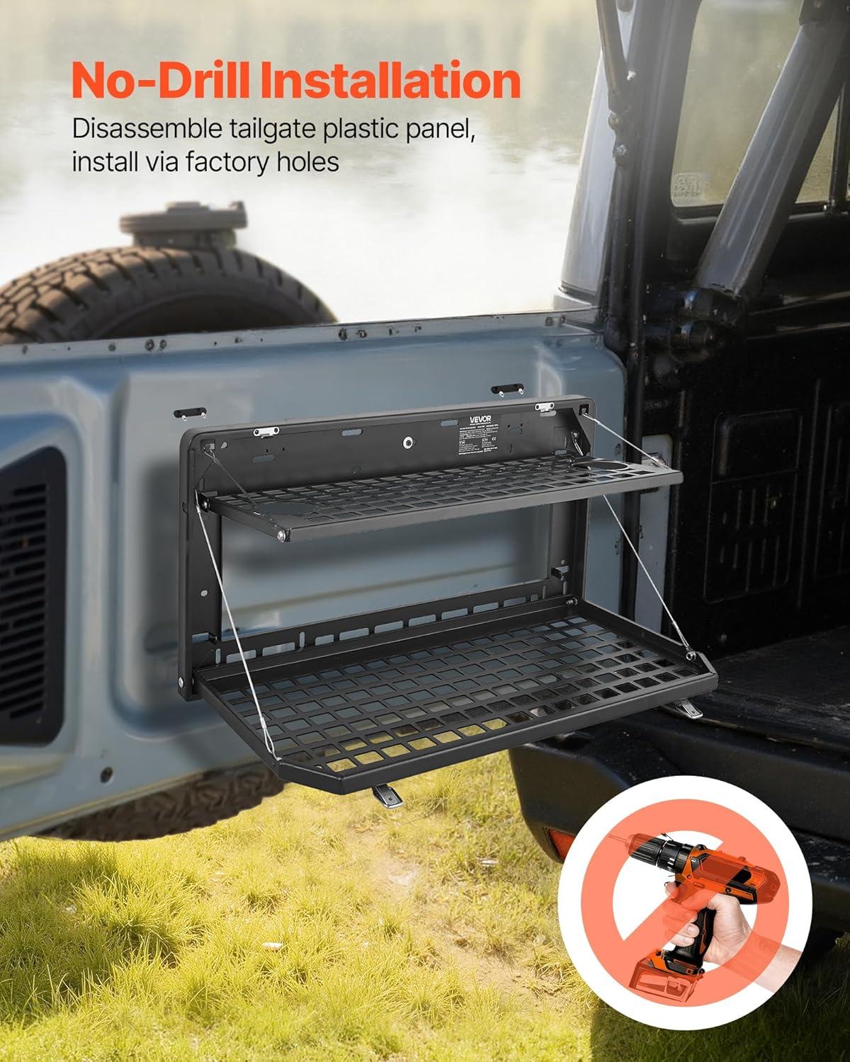 image:imageVEVOR Tailgate Table for 20072024 Jeep Wrangler JL 100 lbs Carbon Steel Foldable Molle Panel DoubleLayer Drop Down Table Rear Cargo Storage Rack Shelf Luggage Holder Carrier CampingJeep JL20072024