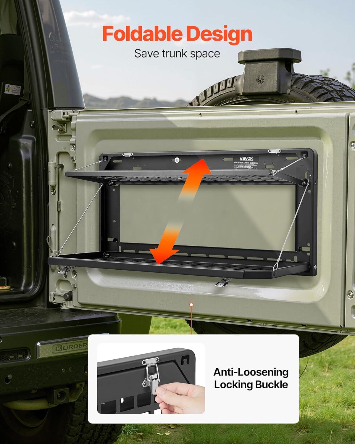 image:imageVEVOR Tailgate Table for 20072024 Jeep Wrangler JL 100 lbs Carbon Steel Foldable Molle Panel DoubleLayer Drop Down Table Rear Cargo Storage Rack Shelf Luggage Holder Carrier CampingJeep JL20072024
