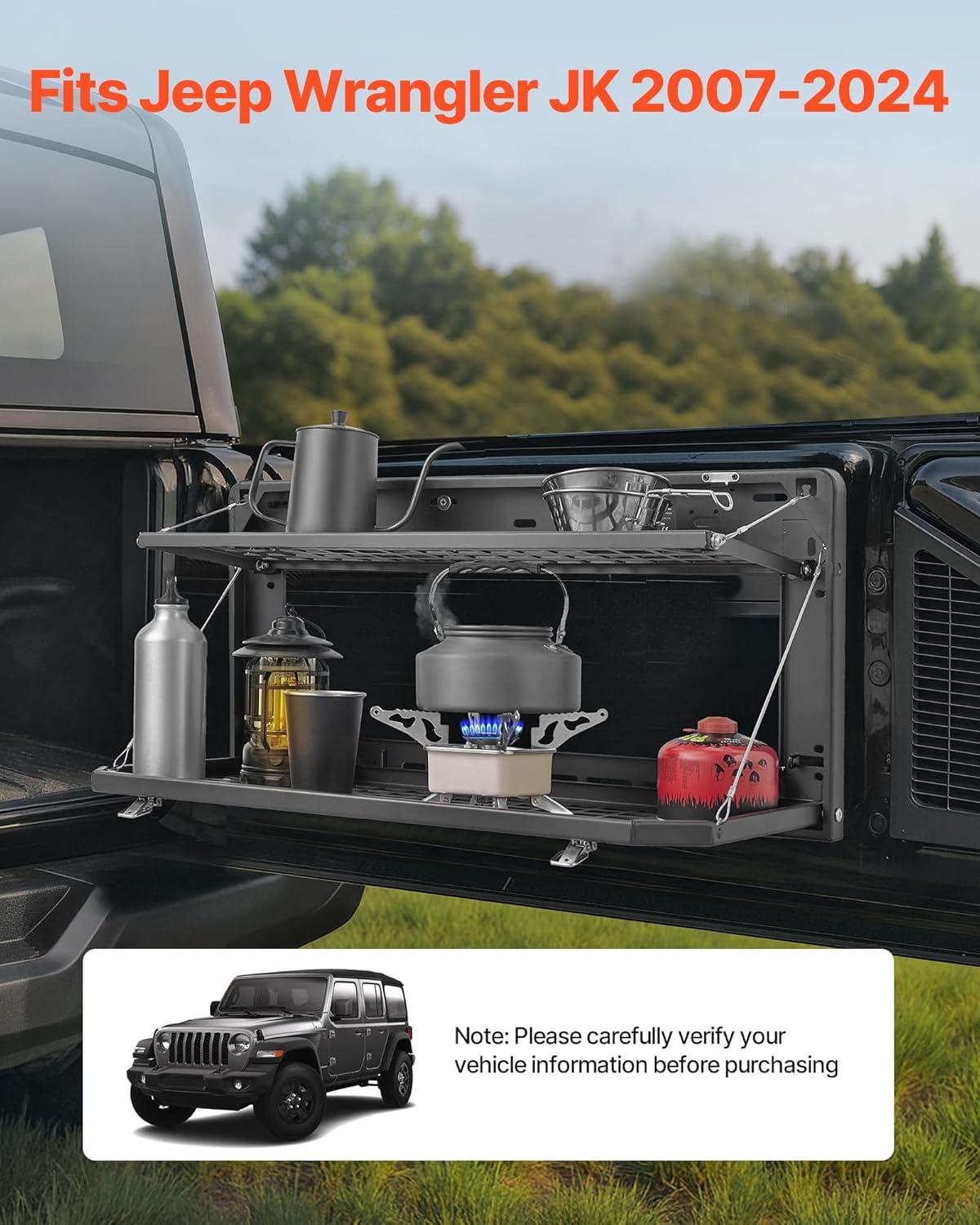 image:imageVEVOR Tailgate Table for 20072024 Jeep Wrangler JL 100 lbs Carbon Steel Foldable Molle Panel DoubleLayer Drop Down Table Rear Cargo Storage Rack Shelf Luggage Holder Carrier CampingJeep JL20072024