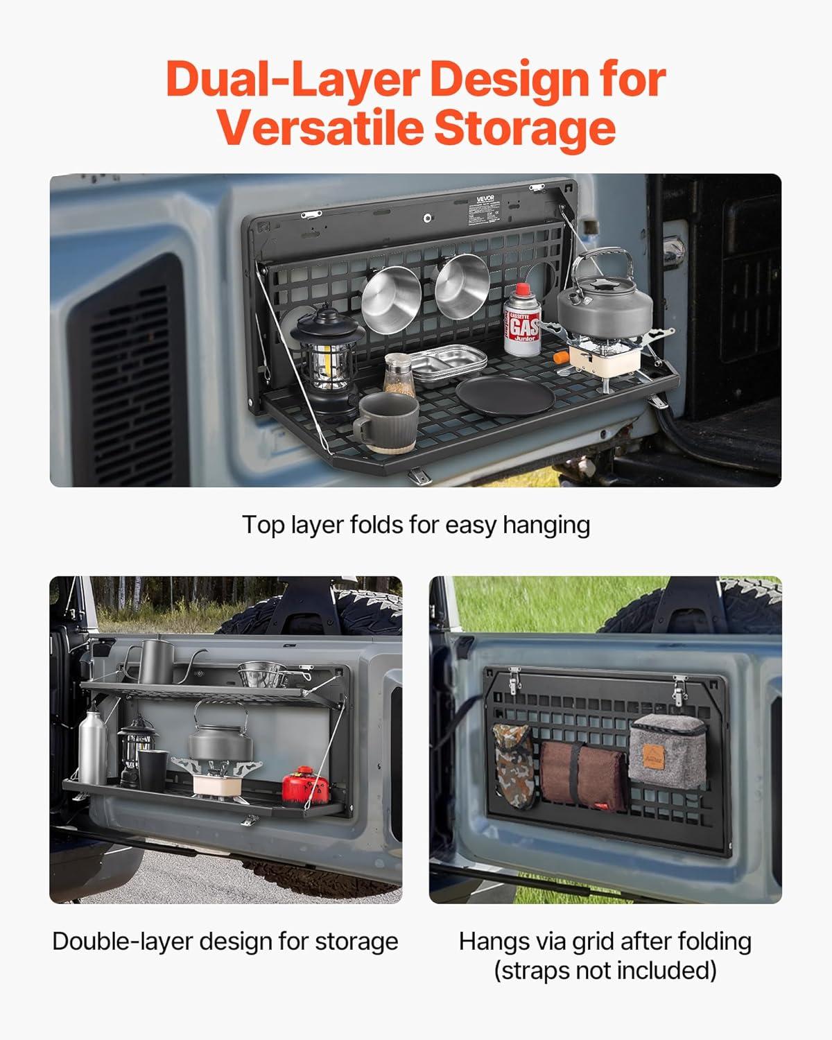 image:imageVEVOR Tailgate Table for 20072024 Jeep Wrangler JL 100 lbs Carbon Steel Foldable Molle Panel DoubleLayer Drop Down Table Rear Cargo Storage Rack Shelf Luggage Holder Carrier CampingJeep JL20072024