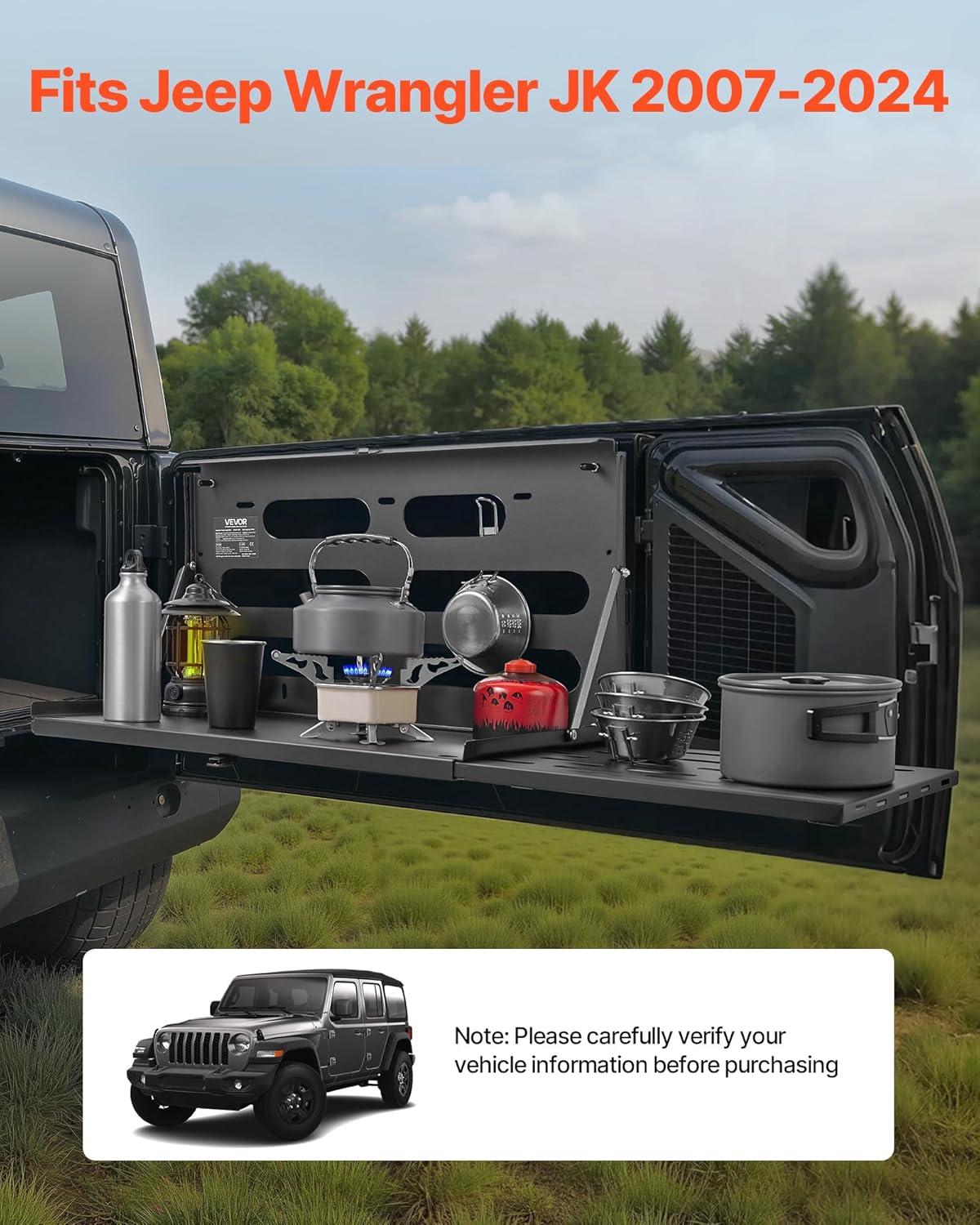 image:imageVEVOR Tailgate Table for 20072024 Jeep Wrangler JL 88 lbs Capacity Carbon Steel Foldable Molle Panel Drop Down Table Rear Door Cargo Storage Rack Shelf Luggage Holder Carrier CampingJeep JL20072024