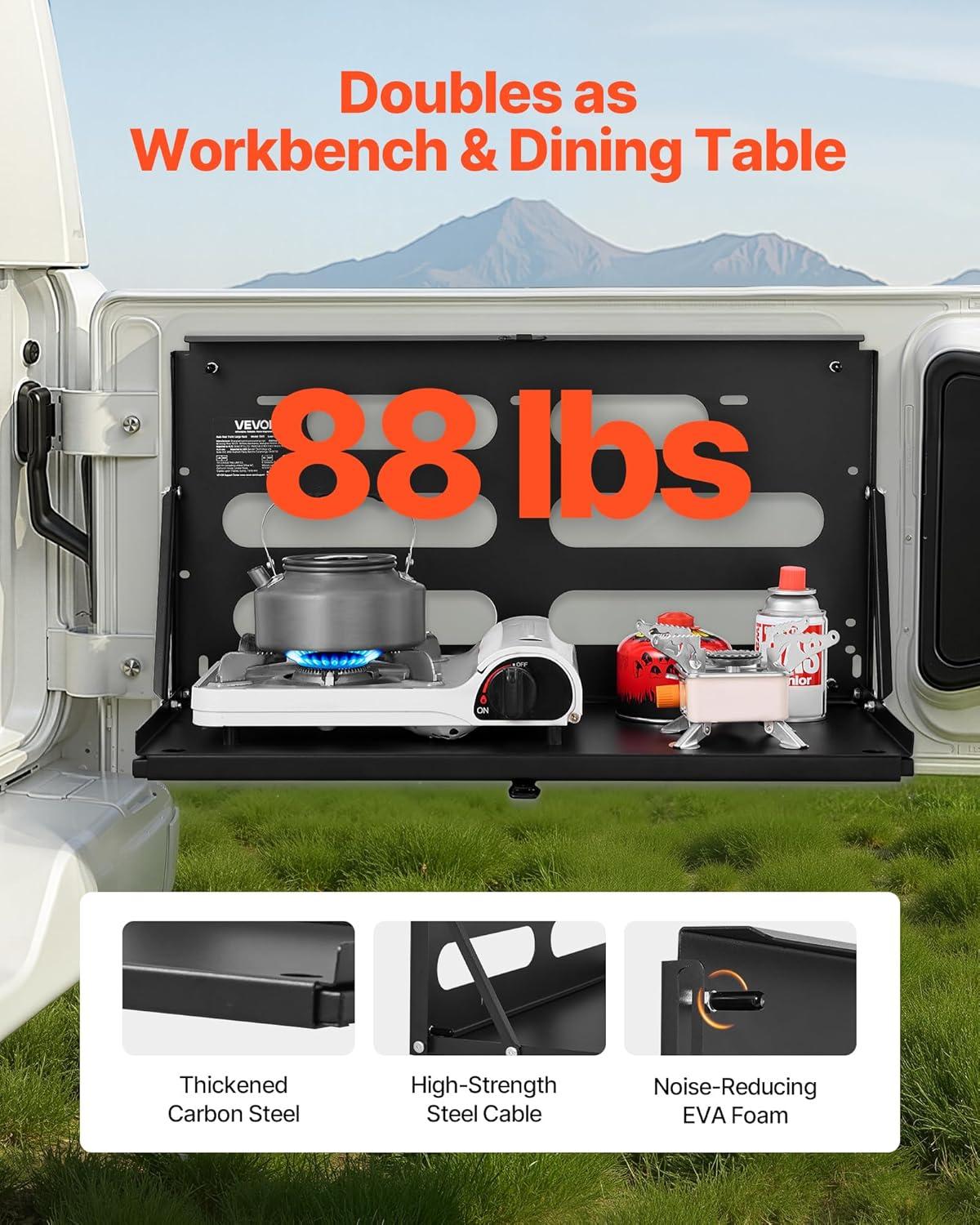 image:imageVEVOR Tailgate Table for 20072024 Jeep Wrangler JL 88 lbs Capacity Carbon Steel Foldable Molle Panel Drop Down Table Rear Door Cargo Storage Rack Shelf Luggage Holder Carrier CampingJeep JL20072024