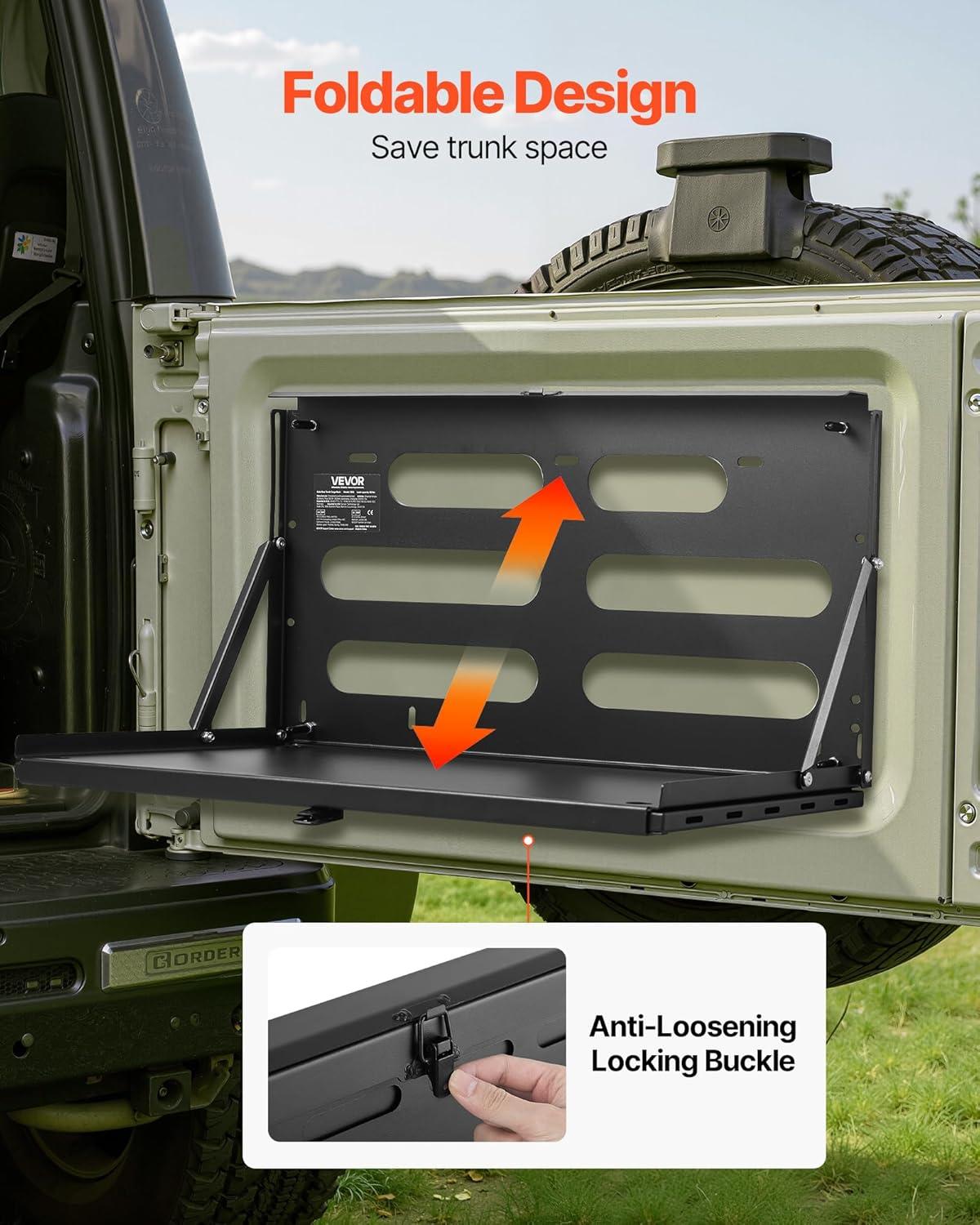 image:imageVEVOR Tailgate Table for 20072024 Jeep Wrangler JL 88 lbs Capacity Carbon Steel Foldable Molle Panel Drop Down Table Rear Door Cargo Storage Rack Shelf Luggage Holder Carrier CampingJeep JL20072024