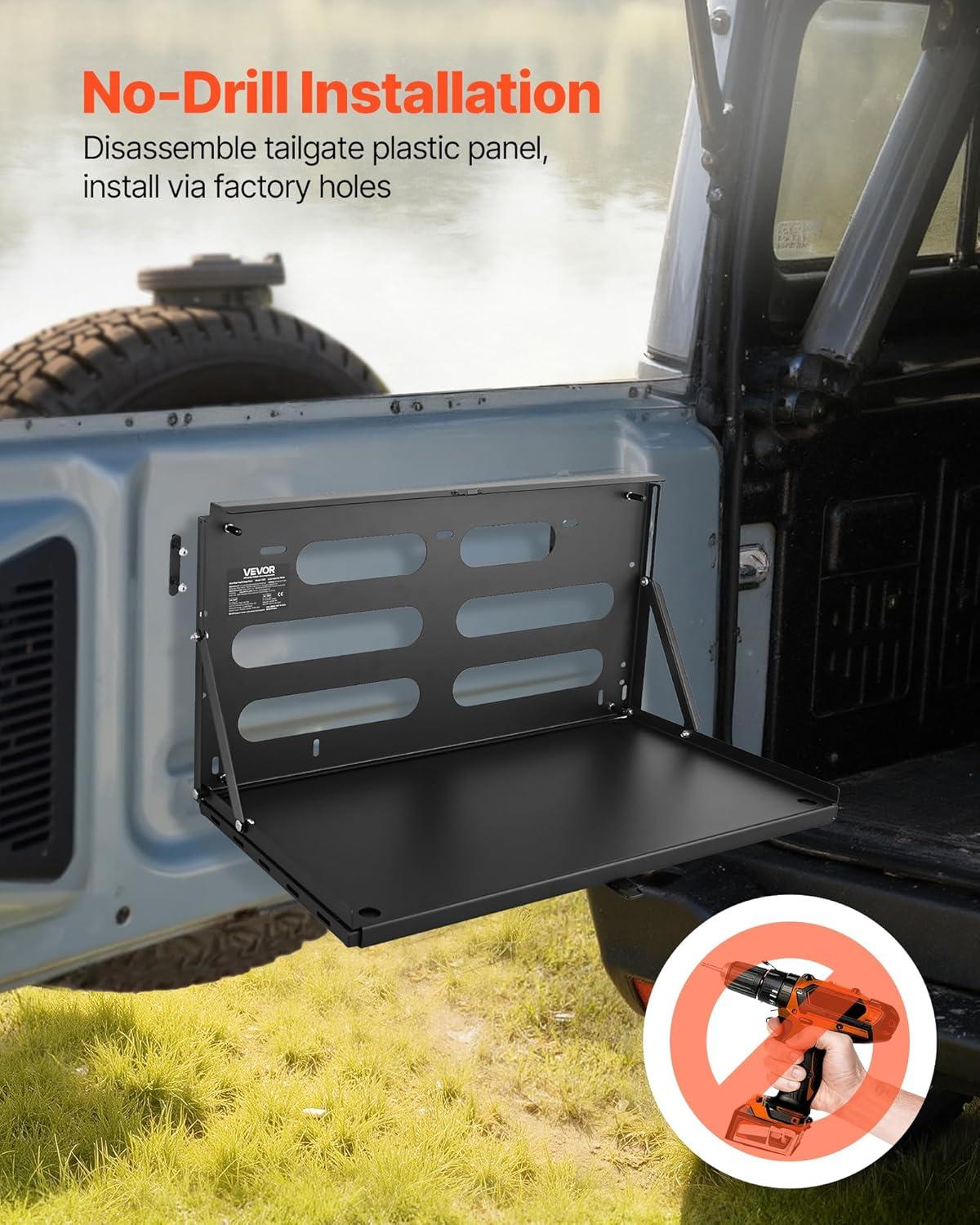 image:imageVEVOR Tailgate Table for 20072024 Jeep Wrangler JL 88 lbs Capacity Carbon Steel Foldable Molle Panel Drop Down Table Rear Door Cargo Storage Rack Shelf Luggage Holder Carrier CampingJeep JL20072024