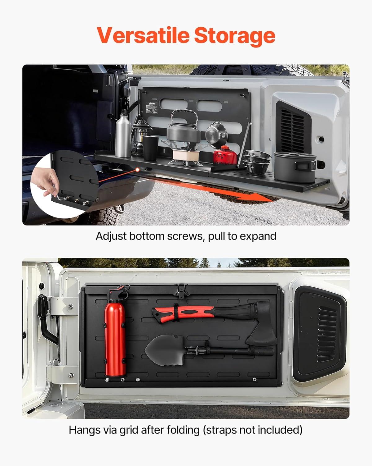 image:imageVEVOR Tailgate Table for 20072024 Jeep Wrangler JL 88 lbs Capacity Carbon Steel Foldable Molle Panel Drop Down Table Rear Door Cargo Storage Rack Shelf Luggage Holder Carrier CampingJeep JL20072024