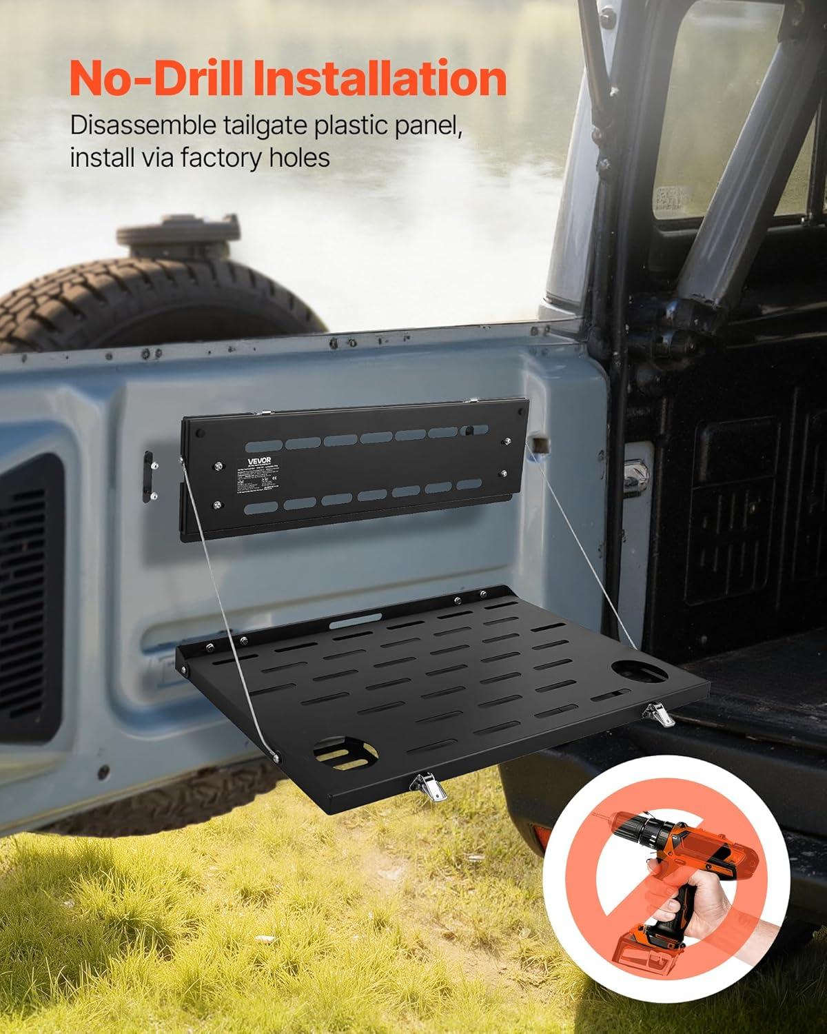 image:imageVEVOR Tailgate Table for 20212025 Ford Bronco 88 lbs Load Capacity Carbon Steel Foldable Molle Panel Drop Down Table Rear Door Cargo Storage Rack Shelf Luggage Holder Carrier Camping Accessories