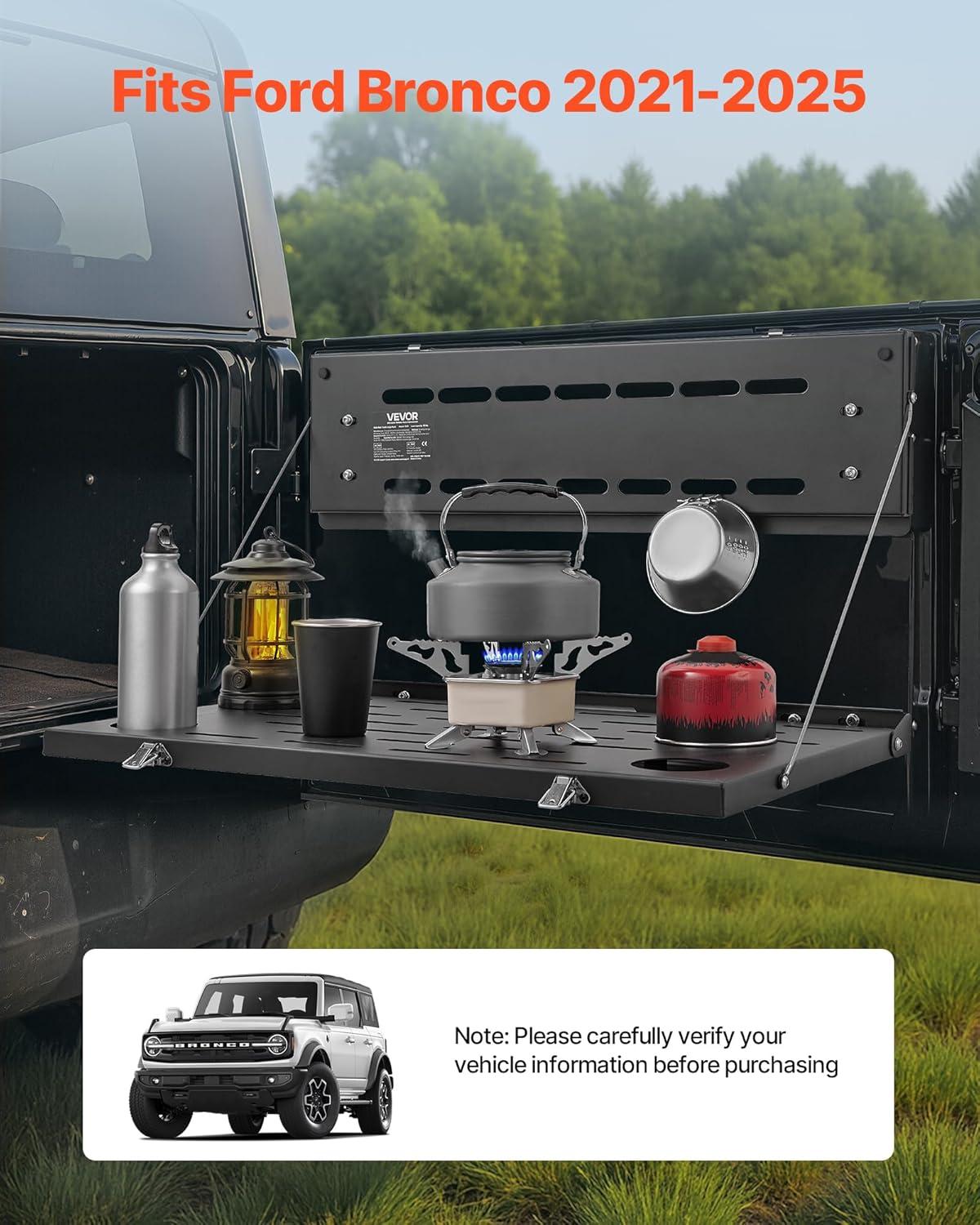 image:imageVEVOR Tailgate Table for 20212025 Ford Bronco 88 lbs Load Capacity Carbon Steel Foldable Molle Panel Drop Down Table Rear Door Cargo Storage Rack Shelf Luggage Holder Carrier Camping Accessories