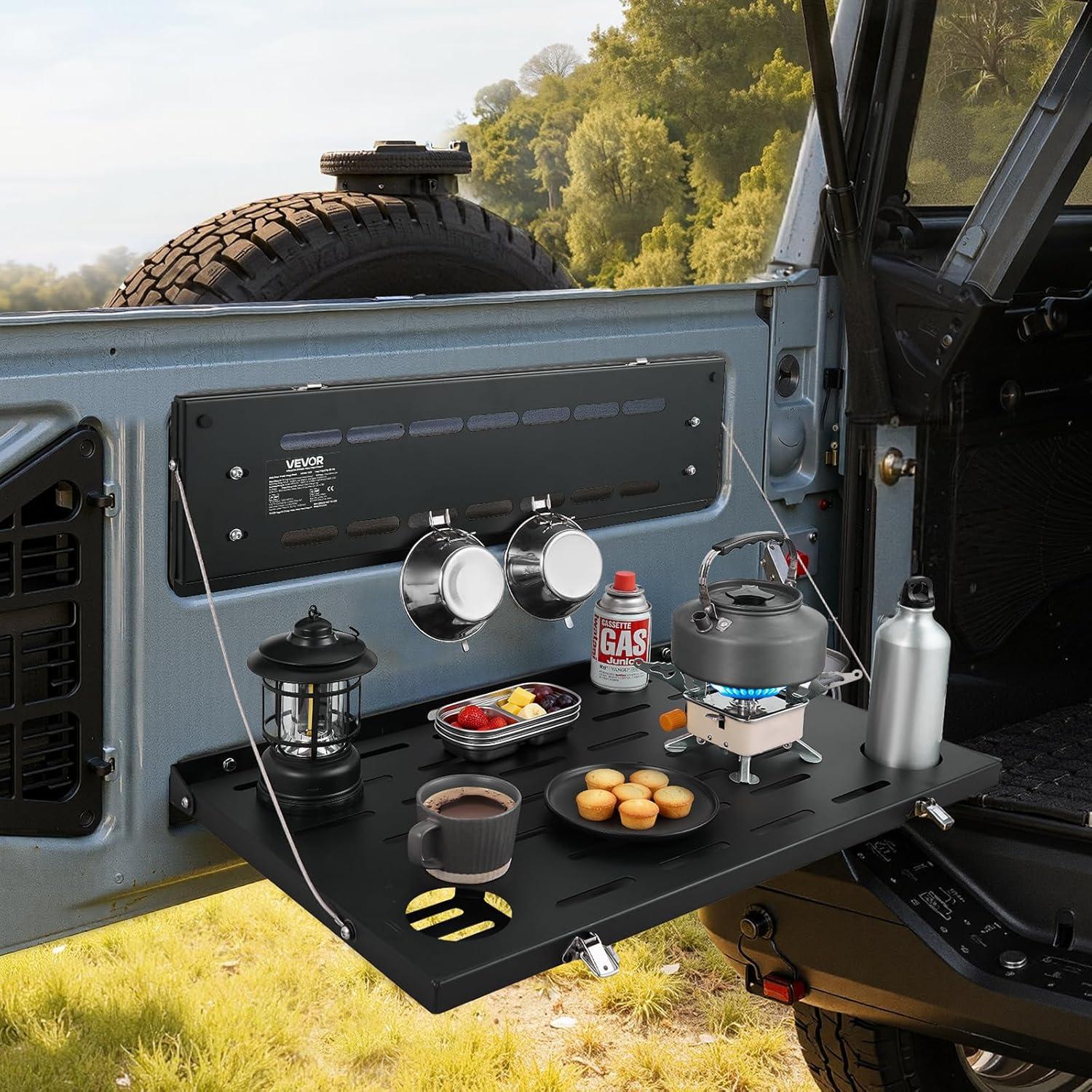 image:imageVEVOR Tailgate Table for 20212025 Ford Bronco 88 lbs Load Capacity Carbon Steel Foldable Molle Panel Drop Down Table Rear Door Cargo Storage Rack Shelf Luggage Holder Carrier Camping Accessories
