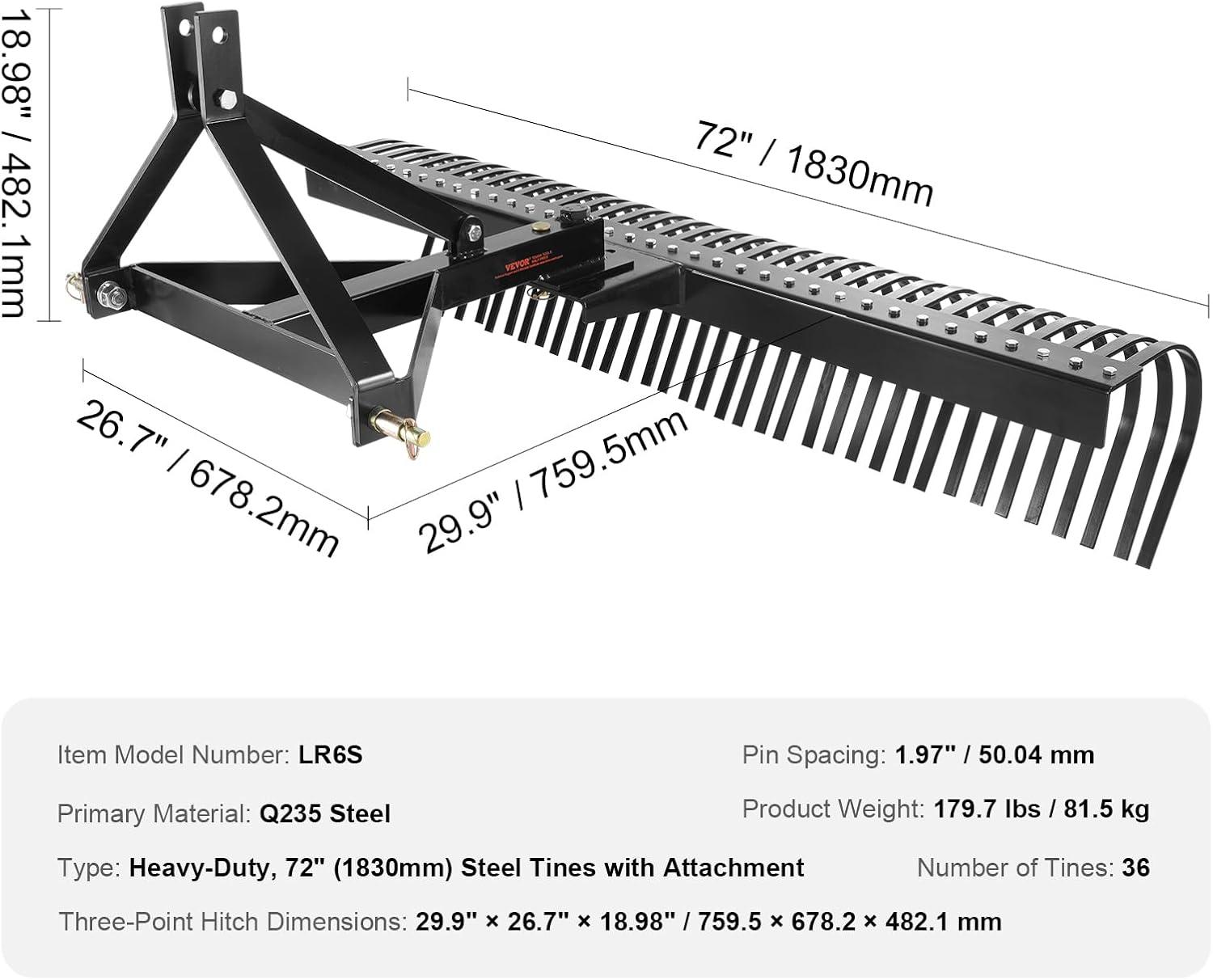 image:imageVEVOR Tow Behind Dethatcher 60inch Tow Dethatcher with 32 Steel Tines 3Point Lawn Dethatcher Rake with Attachments for Tractor Landscape Rake for Garden Farm Grass72Dethatcher with 3point Attachments