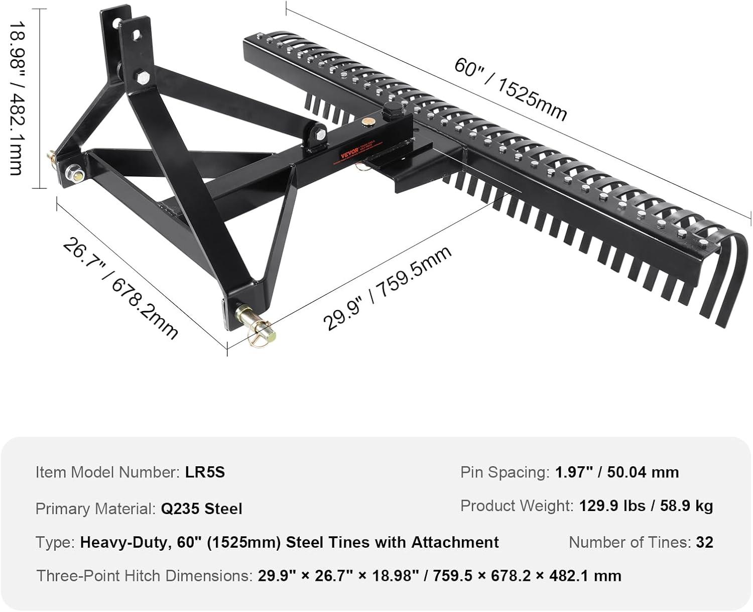 image:imageVEVOR Tow Behind Dethatcher 60inch Tow Dethatcher with 32 Steel Tines 3Point Lawn Dethatcher Rake with Attachments for Tractor Landscape Rake for Garden Farm Grass60Dethatcher with 3point Attachments