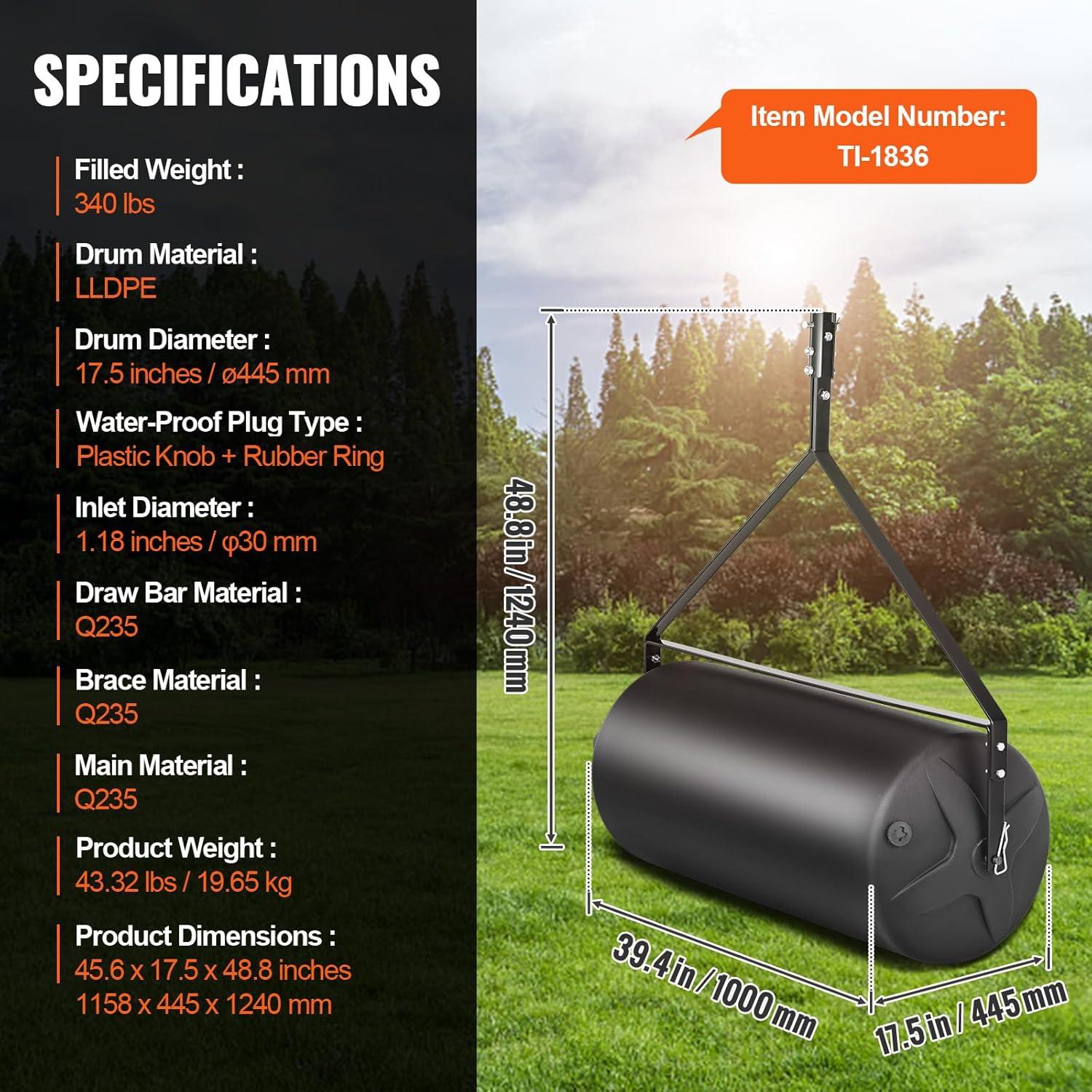 image:imageVEVOR Tow Behind Lawn Roller 400lbs SandWater Filled Yard Roller LLDPE Drum and Steel Frame Sod Roller with EasyTurn Plug Tow Behind a Tractor or ATV for Lawn Garden Farm Park Black