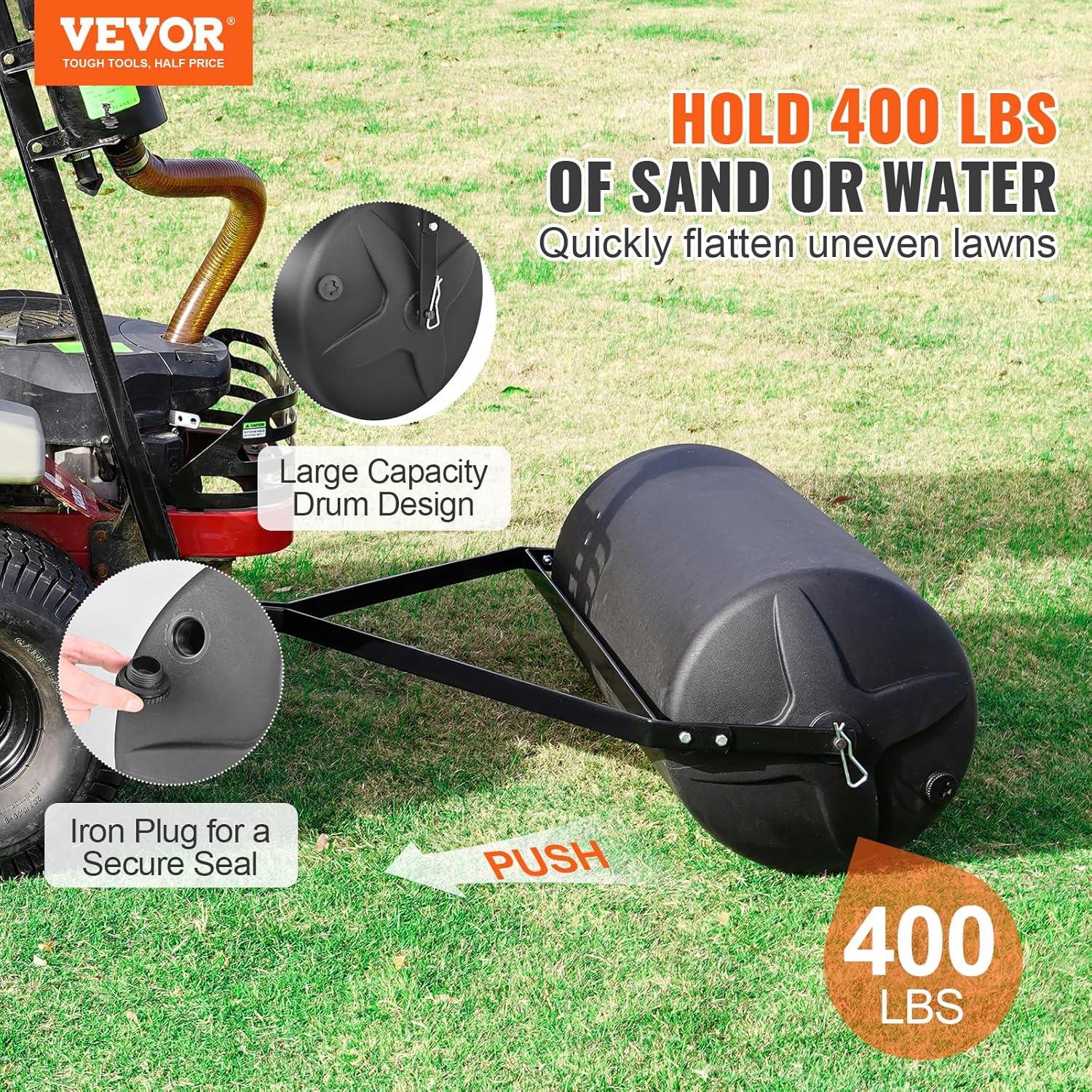 image:imageVEVOR Tow Behind Lawn Roller 400lbs SandWater Filled Yard Roller LLDPE Drum and Steel Frame Sod Roller with EasyTurn Plug Tow Behind a Tractor or ATV for Lawn Garden Farm Park Black