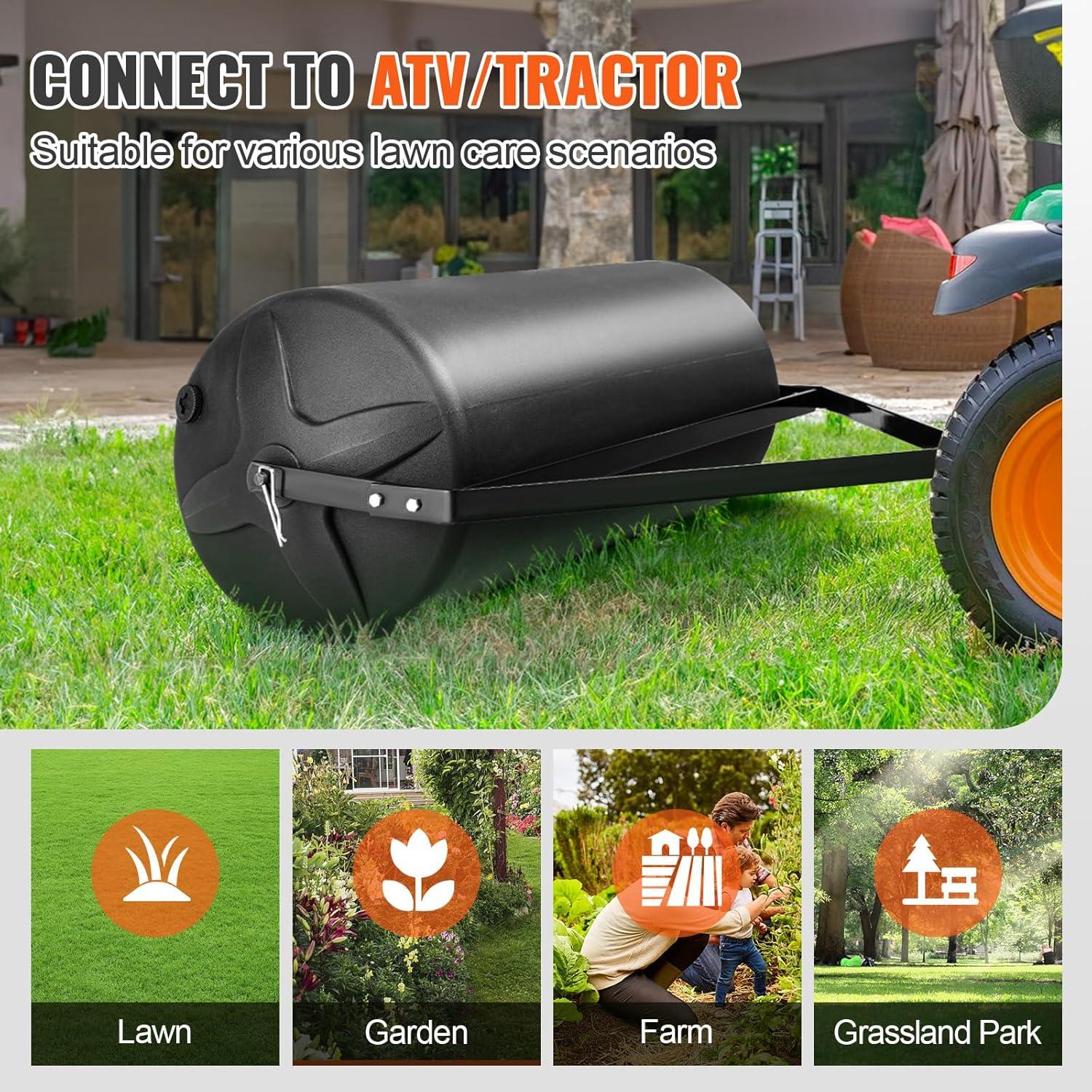 image:imageVEVOR Tow Behind Lawn Roller 400lbs SandWater Filled Yard Roller LLDPE Drum and Steel Frame Sod Roller with EasyTurn Plug Tow Behind a Tractor or ATV for Lawn Garden Farm Park Black