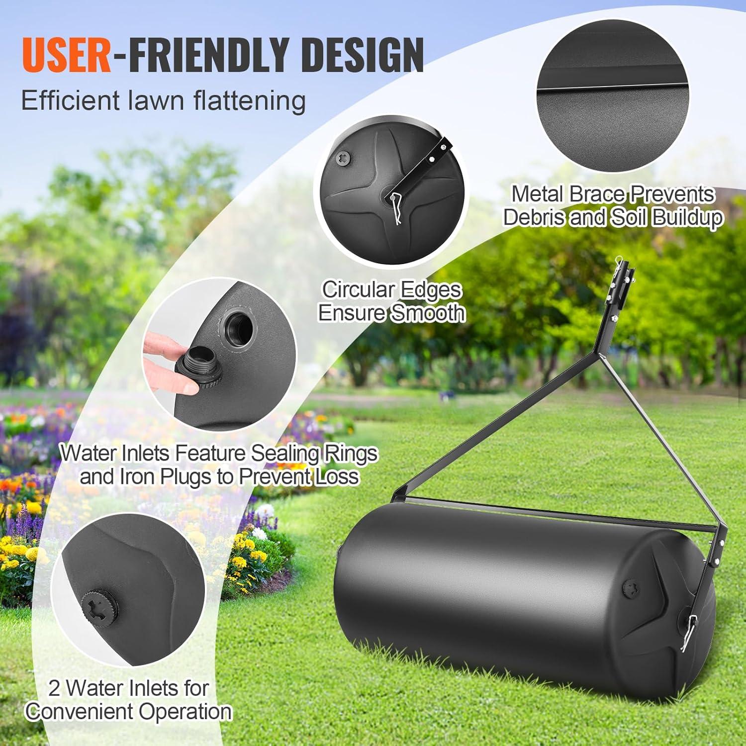 image:imageVEVOR Tow Behind Lawn Roller 400lbs SandWater Filled Yard Roller LLDPE Drum and Steel Frame Sod Roller with EasyTurn Plug Tow Behind a Tractor or ATV for Lawn Garden Farm Park Black
