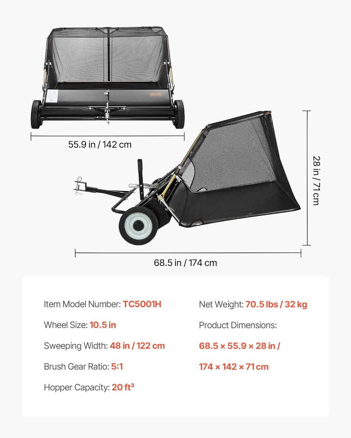 image:imageVEVOR Tow Behind Lawn Sweeper 44 in Pull Behind Lawn Sweeper 25 cu ft Large Capacity Leaf amp Grass Collector Heavy Duty Garden Sweeper with Adjustable Sweeping Height for Yard Lawn Farm48 Inch
