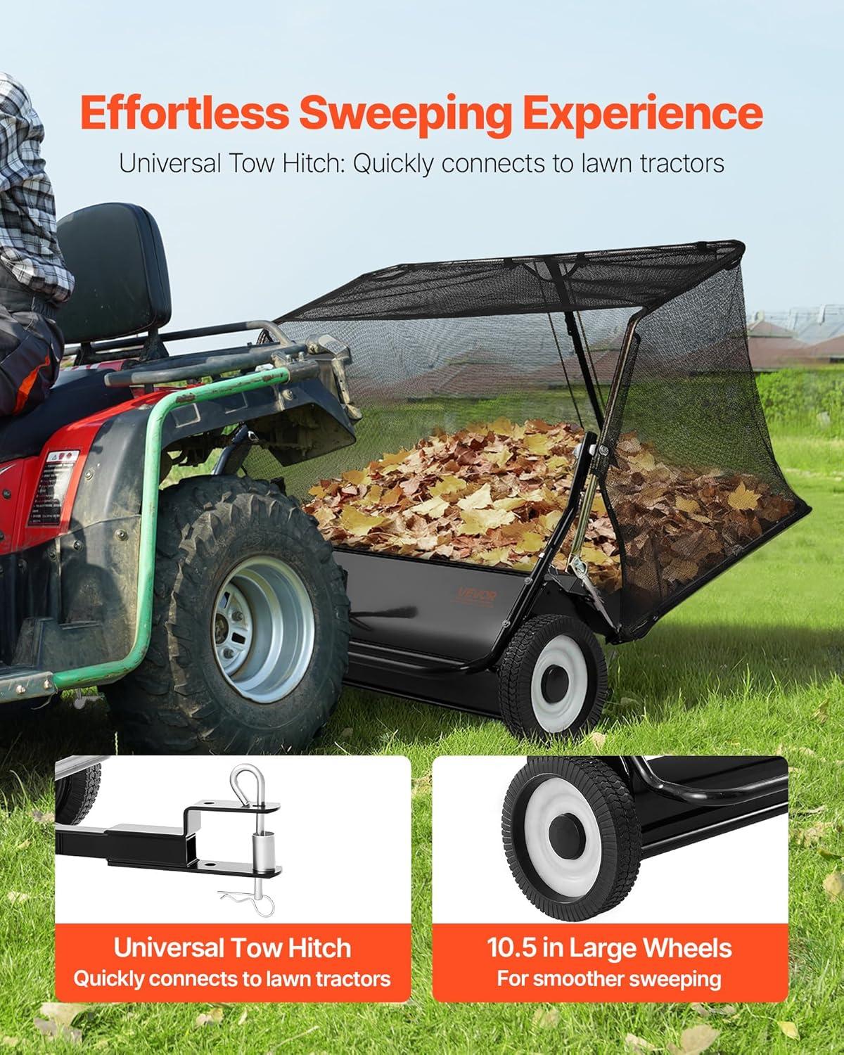 image:imageVEVOR Tow Behind Lawn Sweeper 44 in Pull Behind Lawn Sweeper 25 cu ft Large Capacity Leaf amp Grass Collector Heavy Duty Garden Sweeper with Adjustable Sweeping Height for Yard Lawn Farm48 Inch