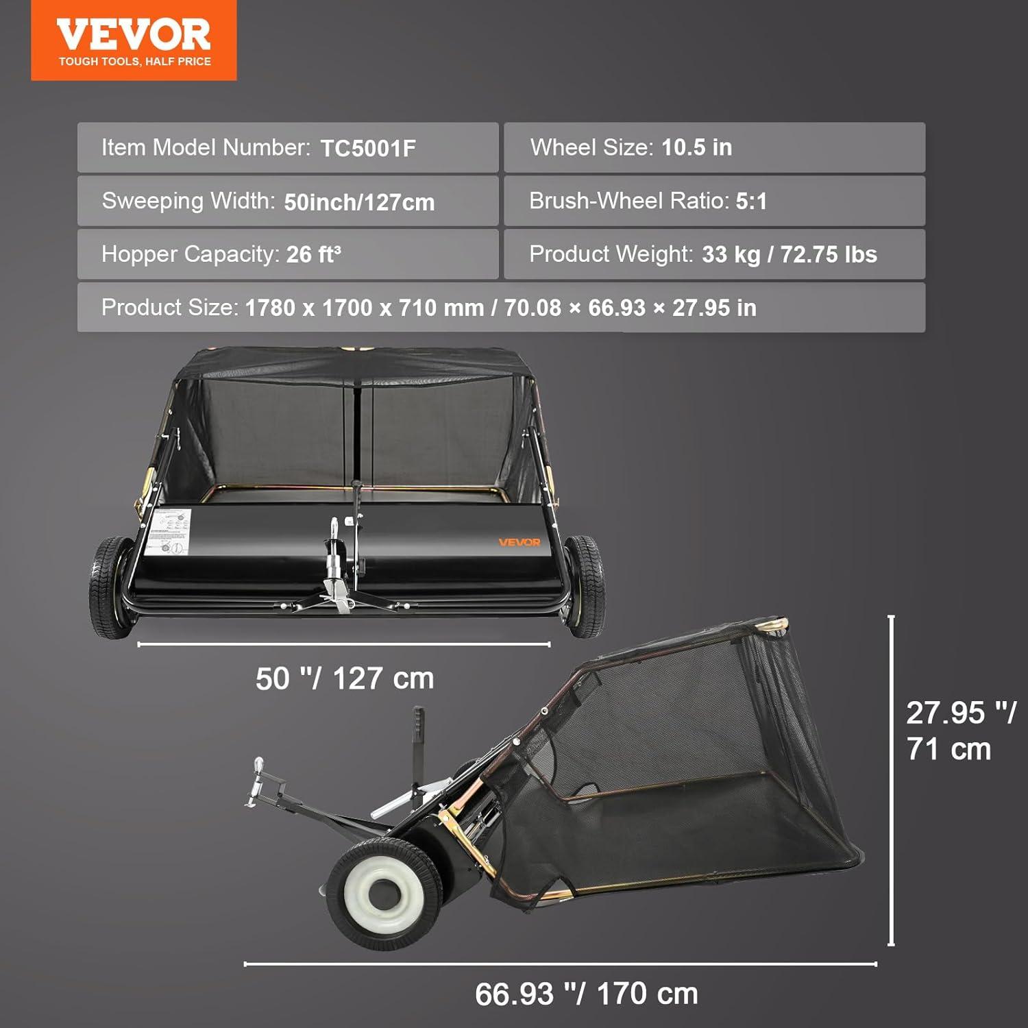 image:imageVEVOR Tow Behind Lawn Sweeper 44 in Pull Behind Lawn Sweeper 25 cu ft Large Capacity Leaf amp Grass Collector Heavy Duty Garden Sweeper with Adjustable Sweeping Height for Yard Lawn Farm50 InchNewer