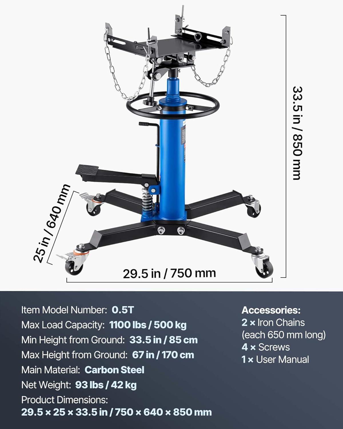 image:imageVEVOR Transmission Jack 3367 High Lift 1100 lbs Hydraulic Telescoping Transmission Jack 2Stage Transmission Stand 12 Ton Capacity with Foot Pedal 360 Swivel Wheel GarageShop Lift HoistsingleStage 1100lb