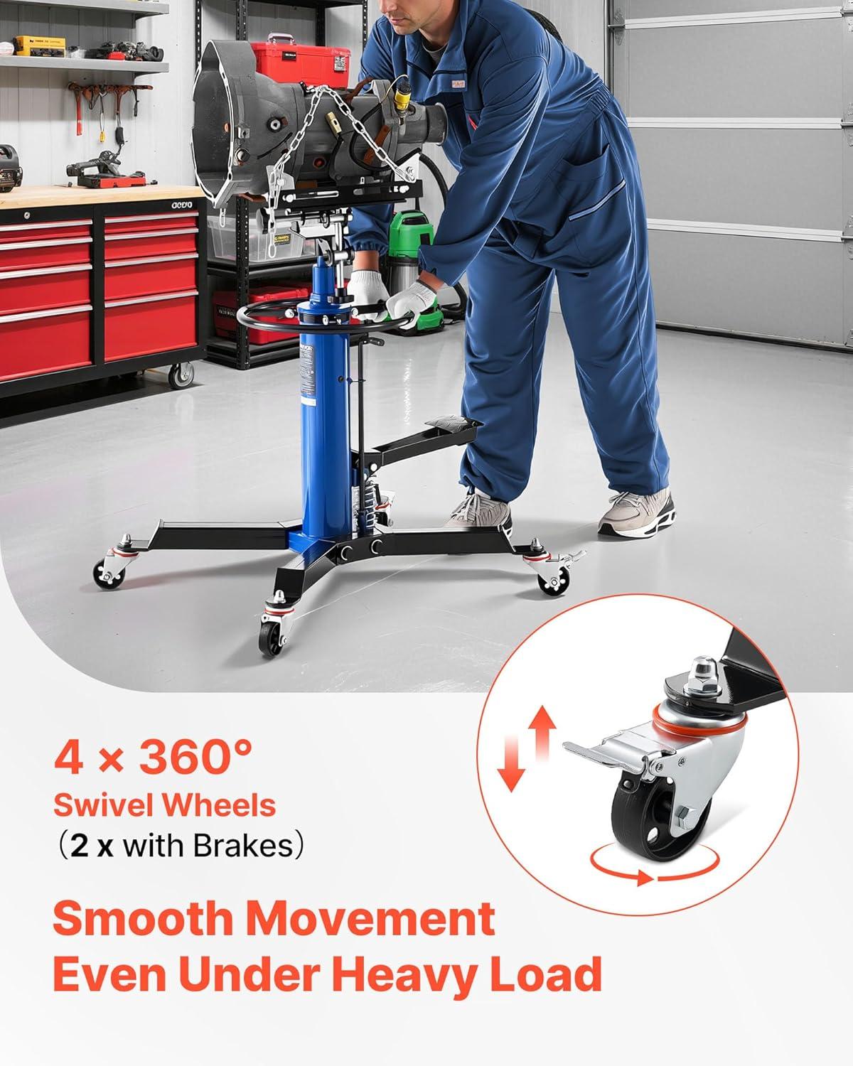 image:imageVEVOR Transmission Jack 3367 High Lift 1100 lbs Hydraulic Telescoping Transmission Jack 2Stage Transmission Stand 12 Ton Capacity with Foot Pedal 360 Swivel Wheel GarageShop Lift HoistsingleStage 1660 LBS