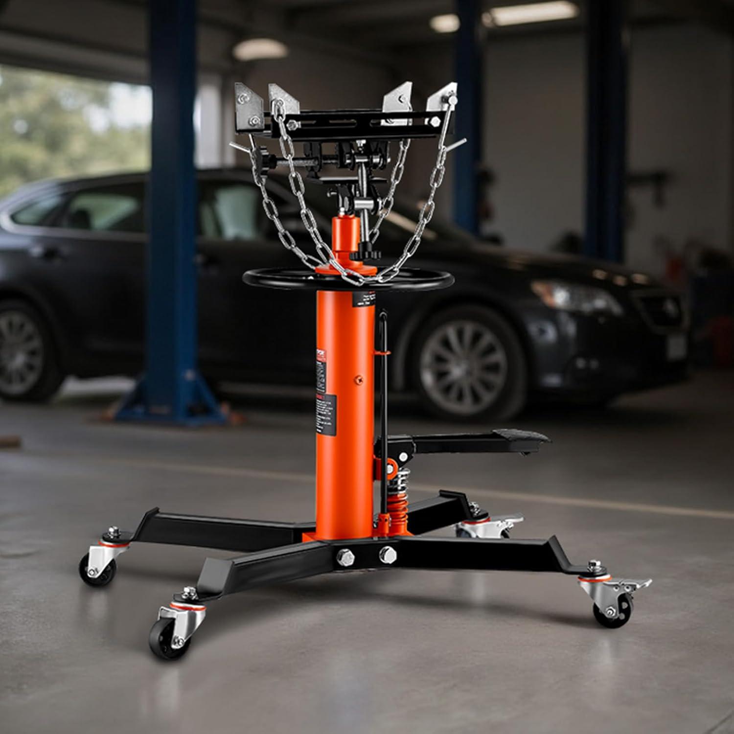 image:imageVEVOR Transmission Jack12Ton1100lbs Capacity Hydraulic Telescopic Transmission Jack 2Stage with Foot Pedal 360 Swivel Wheel GarageShop Lift Hoist Orange