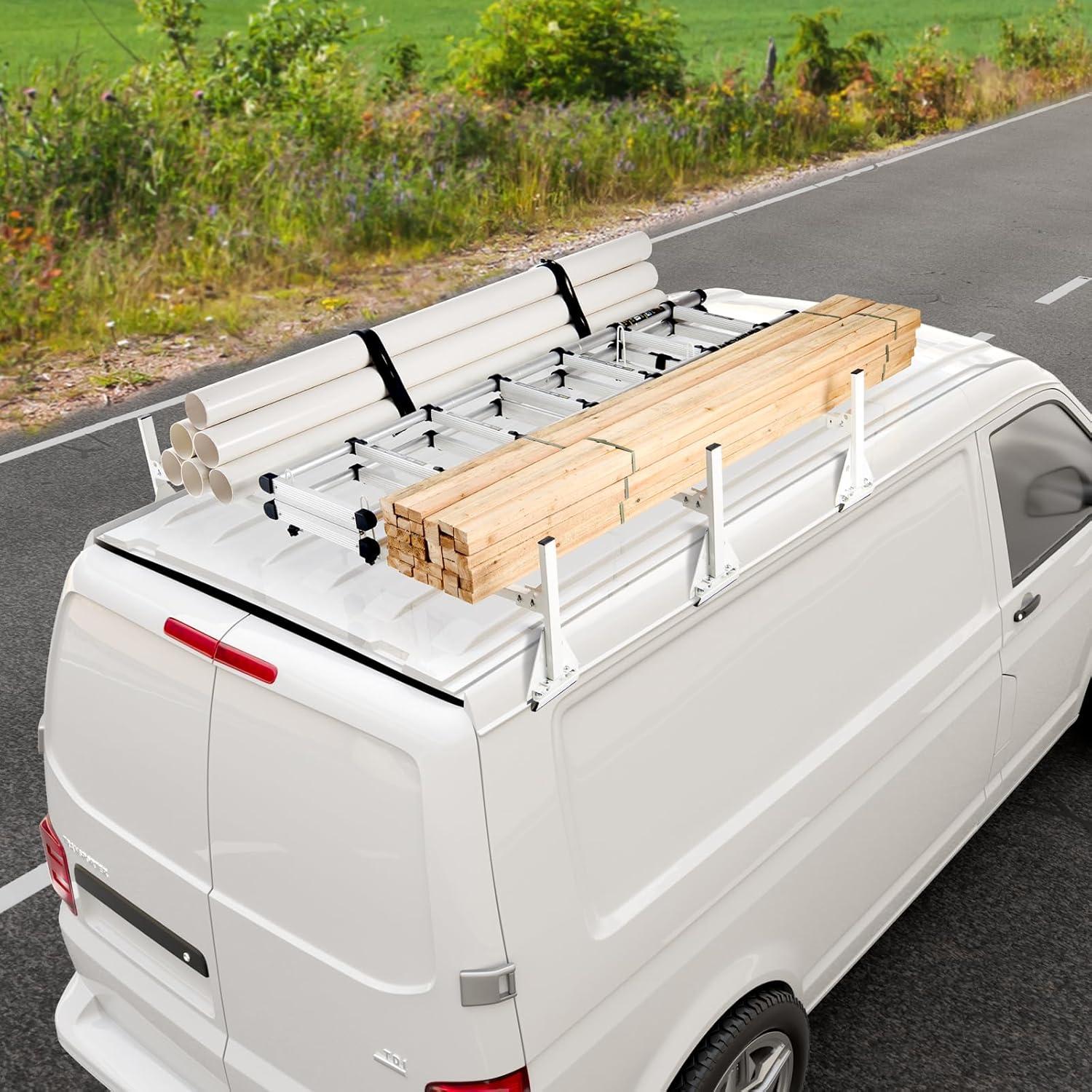 image:imageVEVOR Van Roof Ladder Racks 59 Adjustable HeavyDuty Steel Racks 600 lbs Capacity for Chevrolet Express 1500 2500 3500Ford E150 E250 E350GMC Savana 2 Bars3 Bars