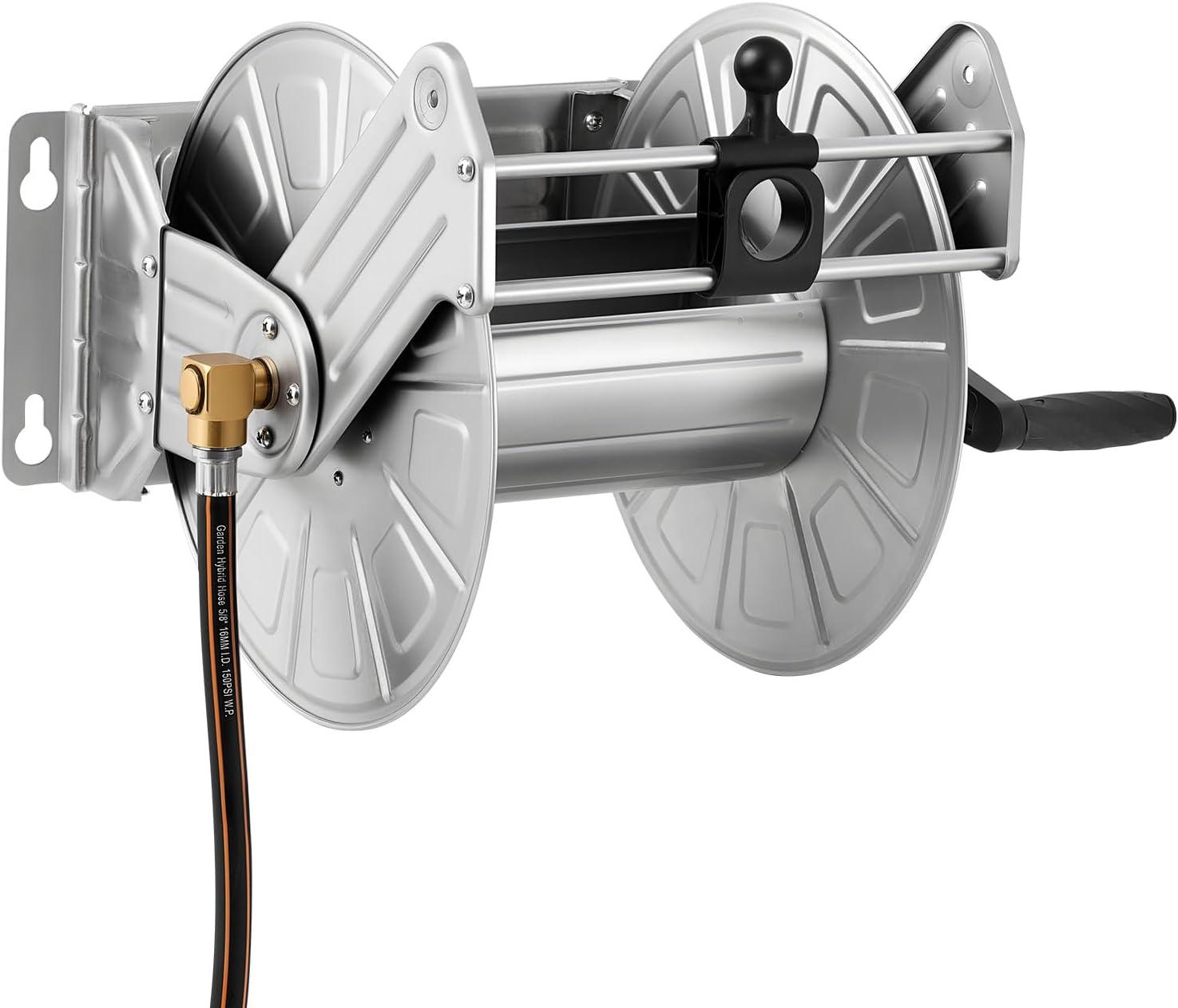 image:imageVEVOR Wall Mounted Garden Hose Reel Holds 125 ft 58inch Hose HeavyDuty Water Hose Winder SpaceSaving Design Outdoor Manual Reel with Brass Fitting and Storage Basket for Yard LawnSilver Stainless Steel Material