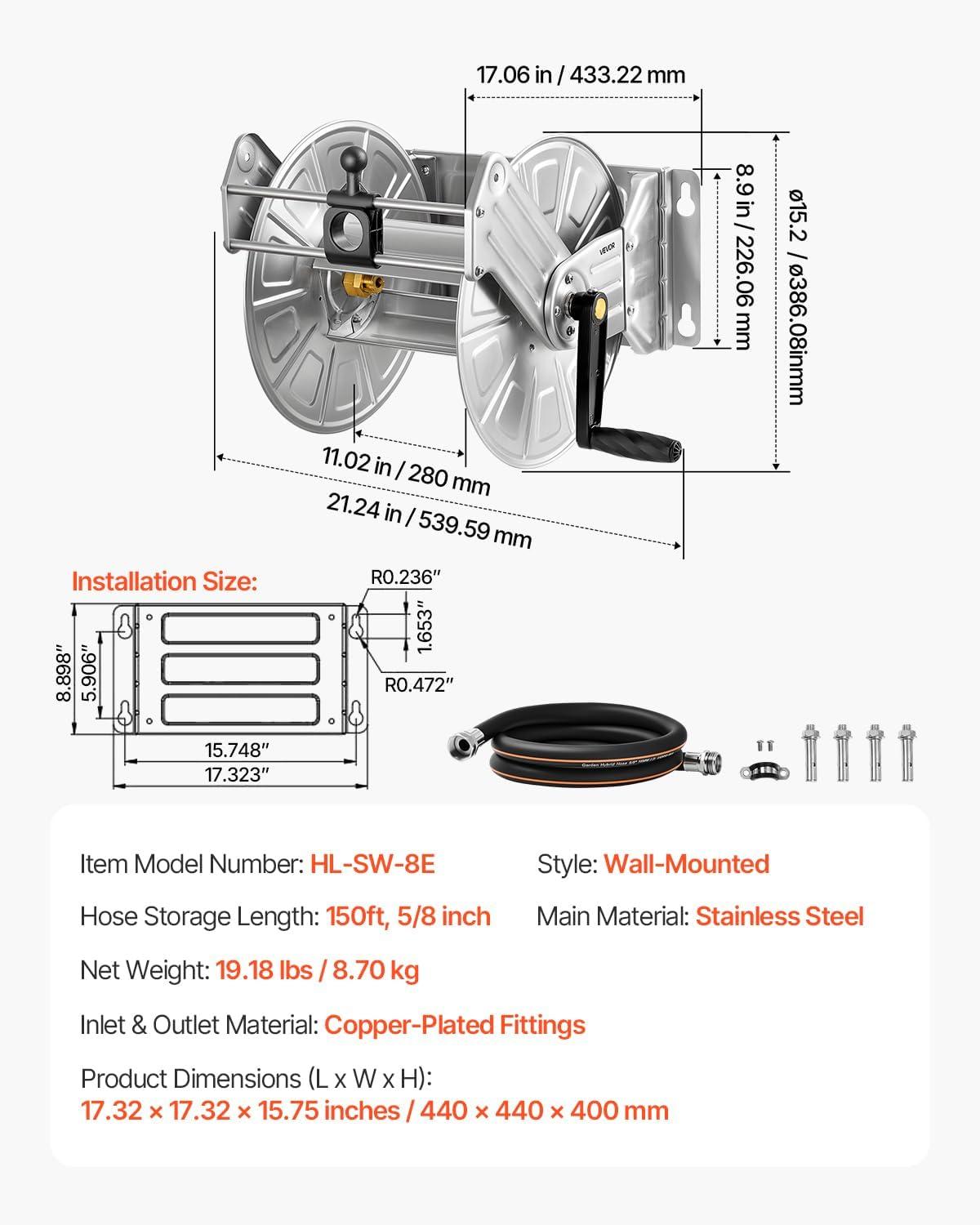 image:imageVEVOR Wall Mounted Garden Hose Reel Holds 125 ft 58inch Hose HeavyDuty Water Hose Winder SpaceSaving Design Outdoor Manual Reel with Brass Fitting and Storage Basket for Yard LawnSilver Stainless Steel Material