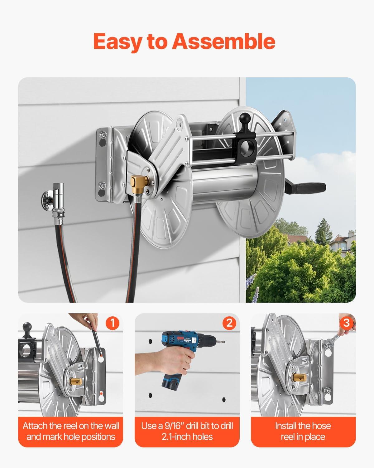 image:imageVEVOR Wall Mounted Garden Hose Reel Holds 125 ft 58inch Hose HeavyDuty Water Hose Winder SpaceSaving Design Outdoor Manual Reel with Brass Fitting and Storage Basket for Yard LawnSilver Stainless Steel Material