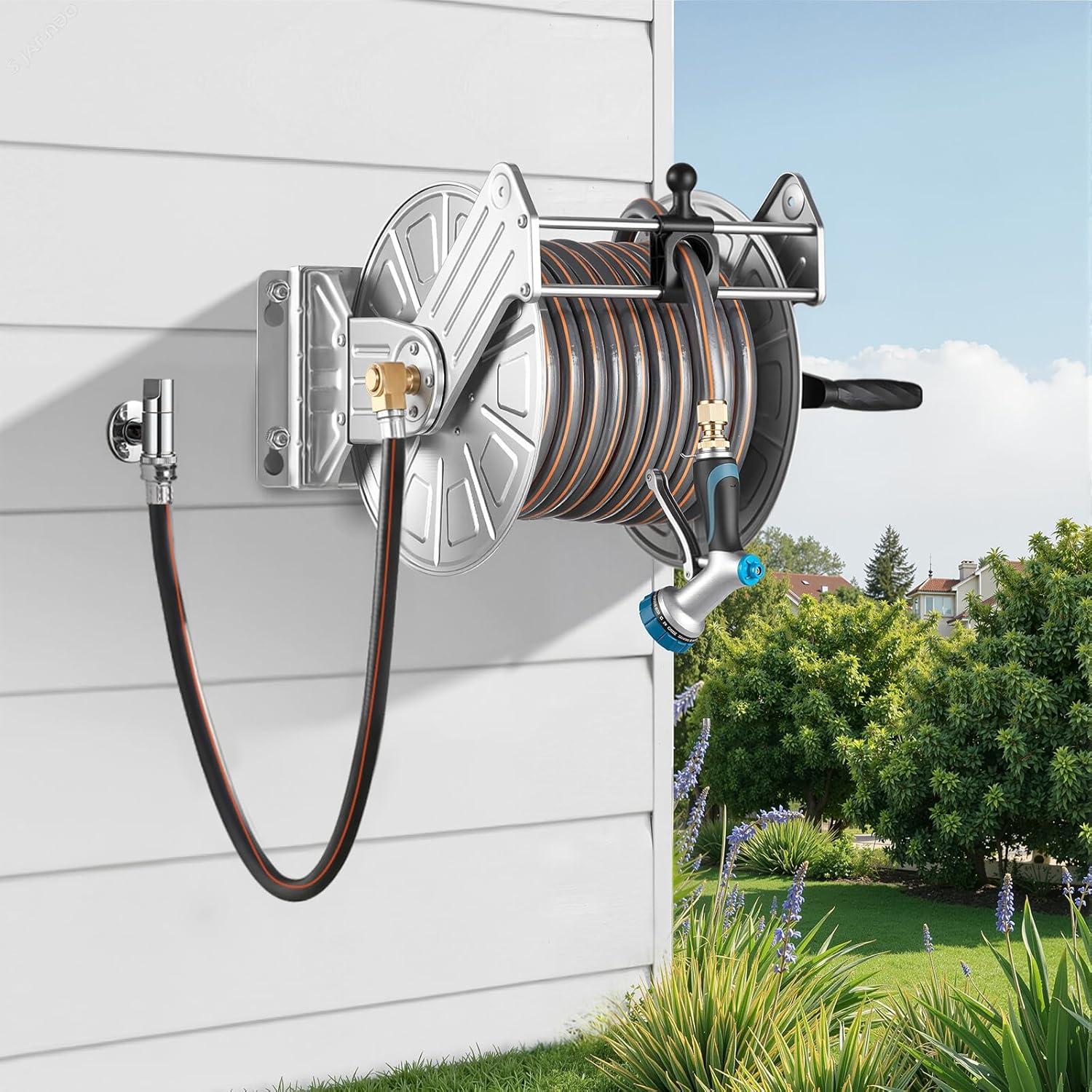 image:imageVEVOR Wall Mounted Garden Hose Reel Holds 125 ft 58inch Hose HeavyDuty Water Hose Winder SpaceSaving Design Outdoor Manual Reel with Brass Fitting and Storage Basket for Yard LawnSilver Stainless Steel Material