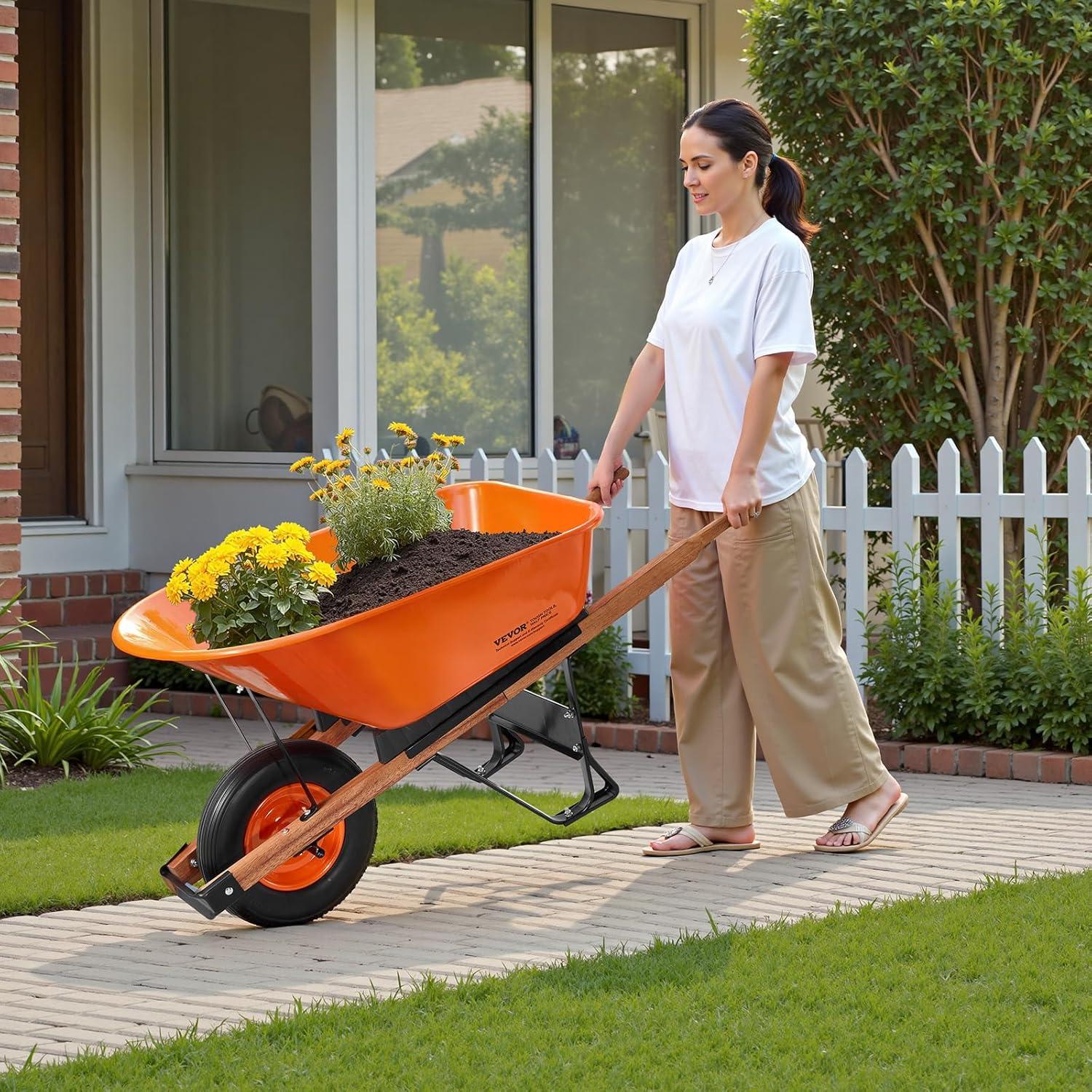 image:imageVEVOR Wheelbarrow Cart 5 Cu Ft Load amp 397 lbs Capacity 2 Wheels Garden Dump Cart Garden Wagon with Handle amp 10 Wide Track Wheels Easy Loading Utility Yard Cart amp Wagons for Outdoor Lawn Yard6 Cu Ft Load 330 lbs