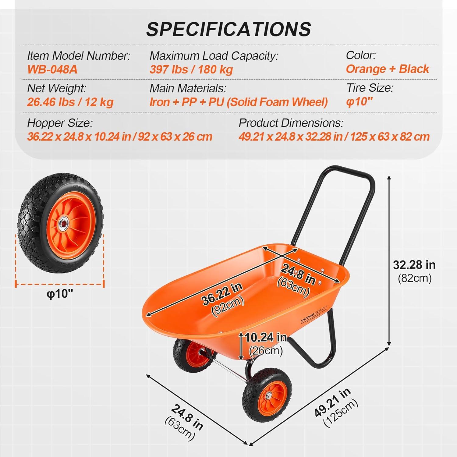 image:imageVEVOR Wheelbarrow Cart 5 Cu Ft Load amp 397 lbs Capacity 2 Wheels Garden Dump Cart Garden Wagon with Handle amp 10 Wide Track Wheels Easy Loading Utility Yard Cart amp Wagons for Outdoor Lawn Yard5 Cu Ft Load 397 lbs
