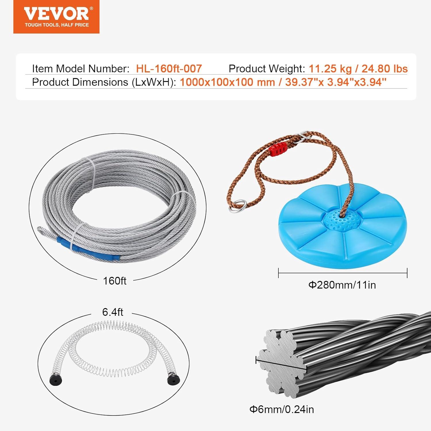image:imageVEVOR Zip line Kits for Backyard160ft Zip line Kit for Kids and Adult Up to 330 lb Included Swing Seat Ziplines Brake and Steel Trolley Outdoor Playground EquipmentBlue160 ft