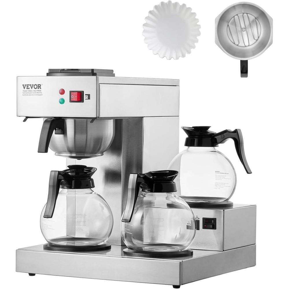 image:imageVEVOR 12 Cups Commercial Drip Coffee Maker Coffee Maker Machine with 3 Glass Carafes and 3 Warmer Plates Stainless Steel Pour Over Coffee Brewer for Restaurant Office Cafe3 Warmer Plates  Auto Water Intake No