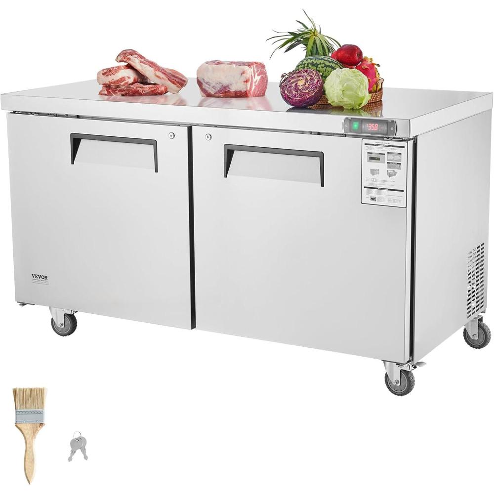 image:imageVEVOR 28 W Commercial Refrigerator Undercounter Worktop Refrigerator 74 Cu Ft Thick Stainless Steel Refrigerated Food Prep Station Fan Cooling Single Door Worktop Fridge with lock for Bar60W Worktop Refrigerator