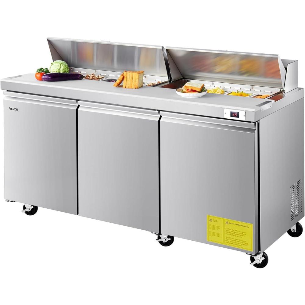 image:imageVEVOR 28 W Commercial Refrigerator Undercounter Worktop Refrigerator 74 Cu Ft Thick Stainless Steel Refrigerated Food Prep Station Fan Cooling Single Door Worktop Fridge with lock for Bar72W with 18 Pans