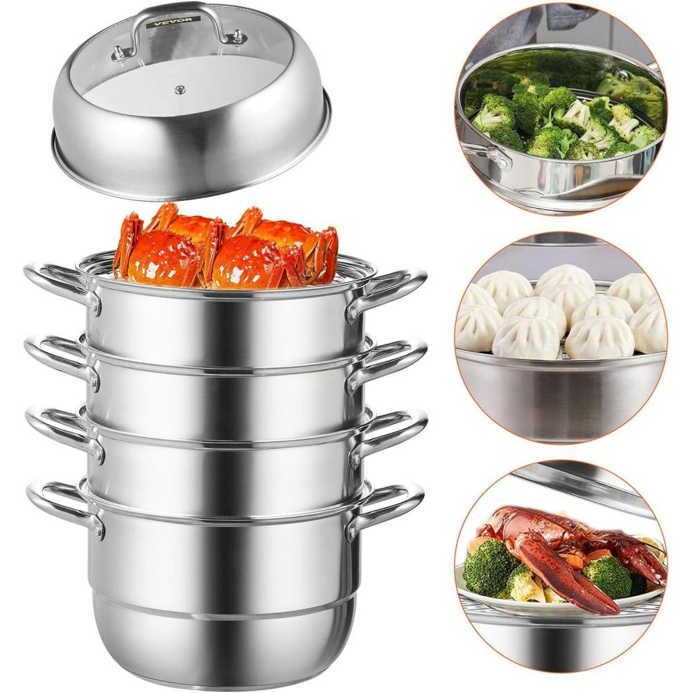 image:imageVEVOR 3Tier Commercial Food Warmer Display 1200W Food Display Warmer with Light Adjustable Shelf and Temperature Display 86185 Steam Heating 111L for Hamburger Pizza Bread Fried Chicken5Tier Stainless Steel Food Steamer