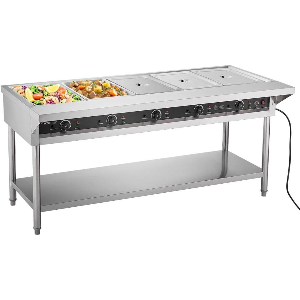 image:imageVEVOR 4Pan Commercial Food Warmer Electric Steam Table with Independent Temperature Control 450W x 4 Stainless Steel Buffet Catering Food Warmer with Undershelf and Workspace for Restaurant5x11Pan 120 Qt