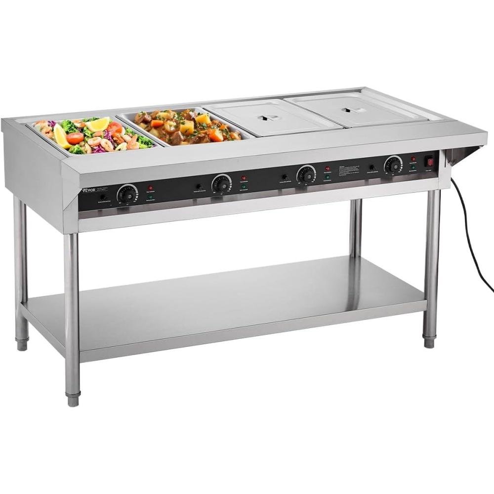 image:imageVEVOR 4Pan Commercial Food Warmer Electric Steam Table with Independent Temperature Control 450W x 4 Stainless Steel Buffet Catering Food Warmer with Undershelf and Workspace for Restaurant4x11Pan 96 Qt