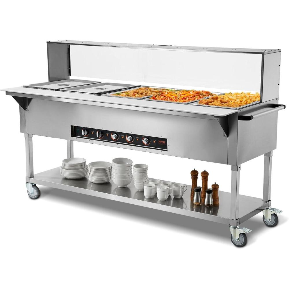 image:imageVEVOR 5Pan Commercial Food Warmer 5 x 206QT Electric Steam Table 3750W Professional Buffet Catering Food Warmer with Acrylic Sneeze Guard Food Grade Stainless Steel Server for Party Restaurant5 Pot with Guard