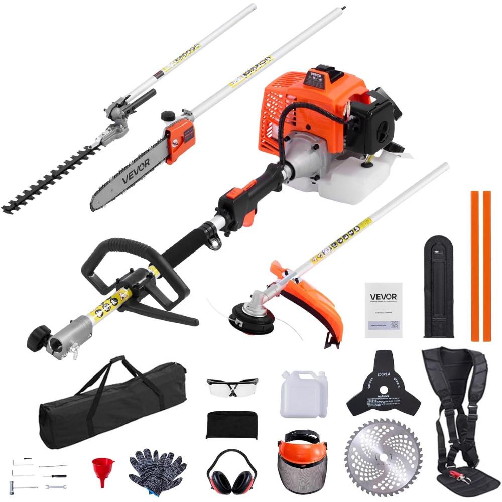 image:imageVEVOR 5in1 26cc 2 Cycle Gas Powered Dual Sided Hedge Trimmer Weed Eater String Trimmer Edger Pole Saw Chainsaw Pruner with EPA CE and EMC Certification63cc 5in1 Gas Hedge Trimmer Weed Eater String Trimmer 3T40T Brush Cutter Pole Saw Chainsaw Pruner
