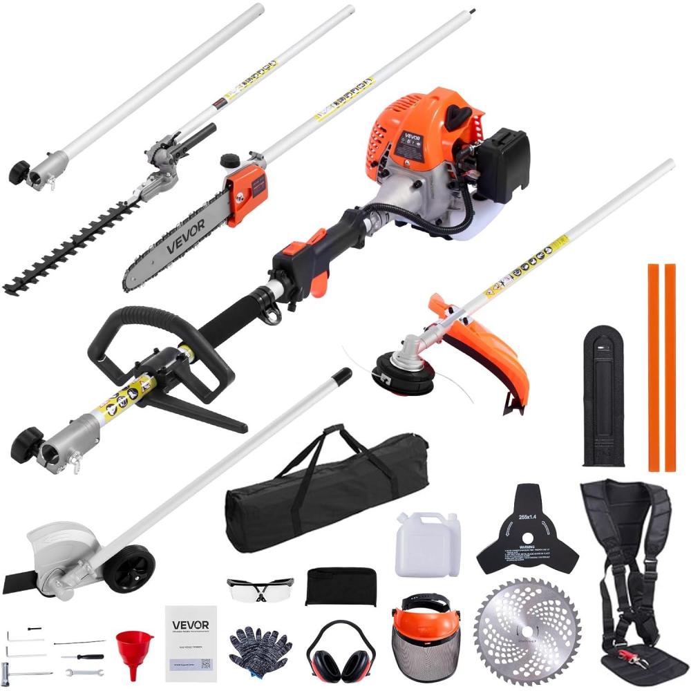 image:imageVEVOR 5in1 26cc 2 Cycle Gas Powered Dual Sided Hedge Trimmer Weed Eater String Trimmer Edger Pole Saw Chainsaw Pruner with EPA CE and EMC Certification26cc 7in1 Gas Hedge Trimmer Weed Eater String Trimmer 3T40T Brush Cutter Edger Pole Saw Chainsaw Pruner