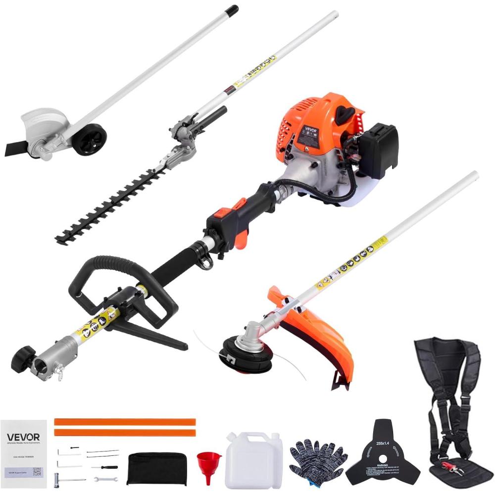 image:imageVEVOR 5in1 26cc 2 Cycle Gas Powered Dual Sided Hedge Trimmer Weed Eater String Trimmer Edger Pole Saw Chainsaw Pruner with EPA CE and EMC Certification26cc 4in1 Gas Hedge Trimmer String Trimmer Brush Cutter Edger